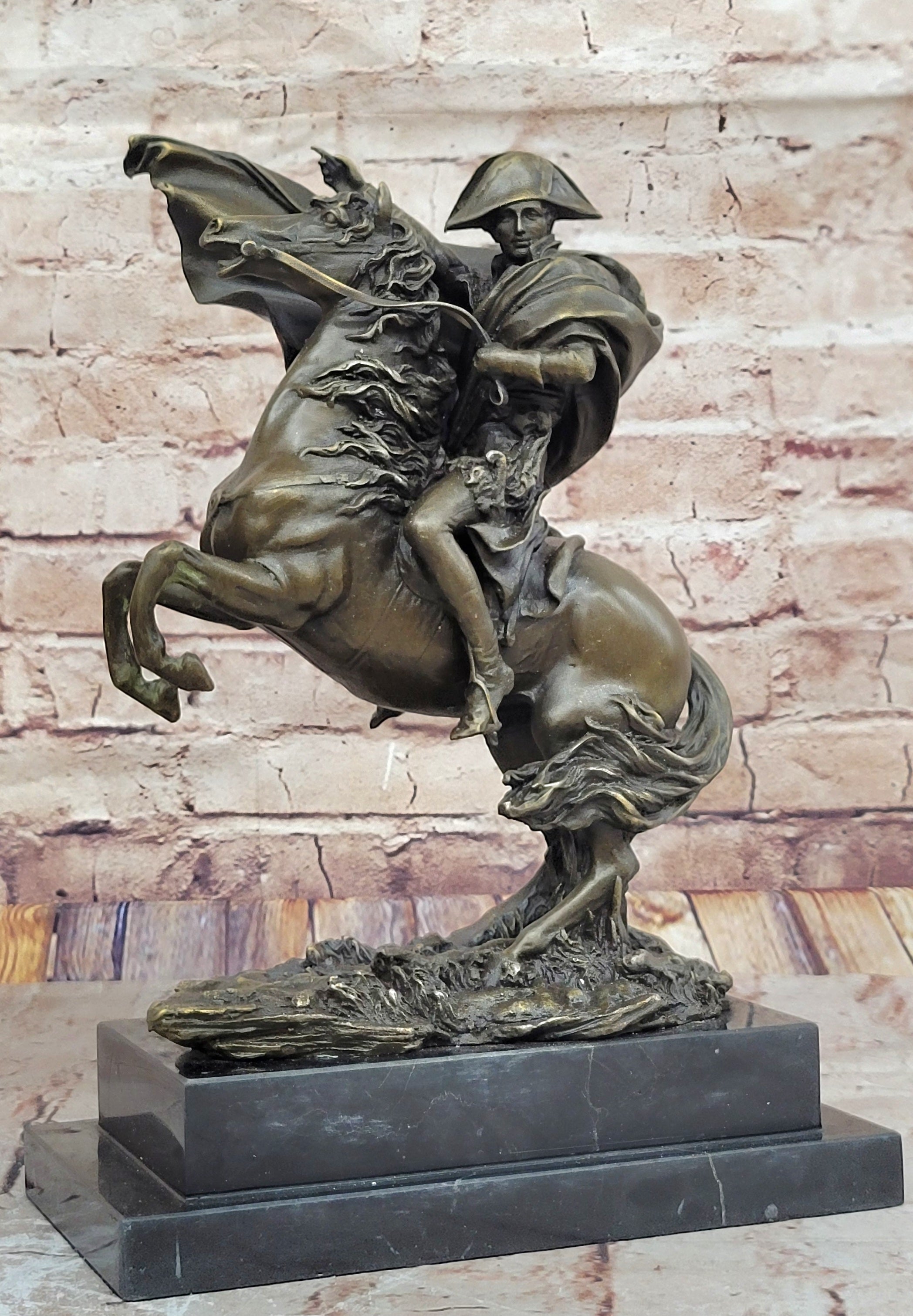 Large Bronze & Marble Sculpture of Napoleon Bonaparte Riding Horse Figure Statue