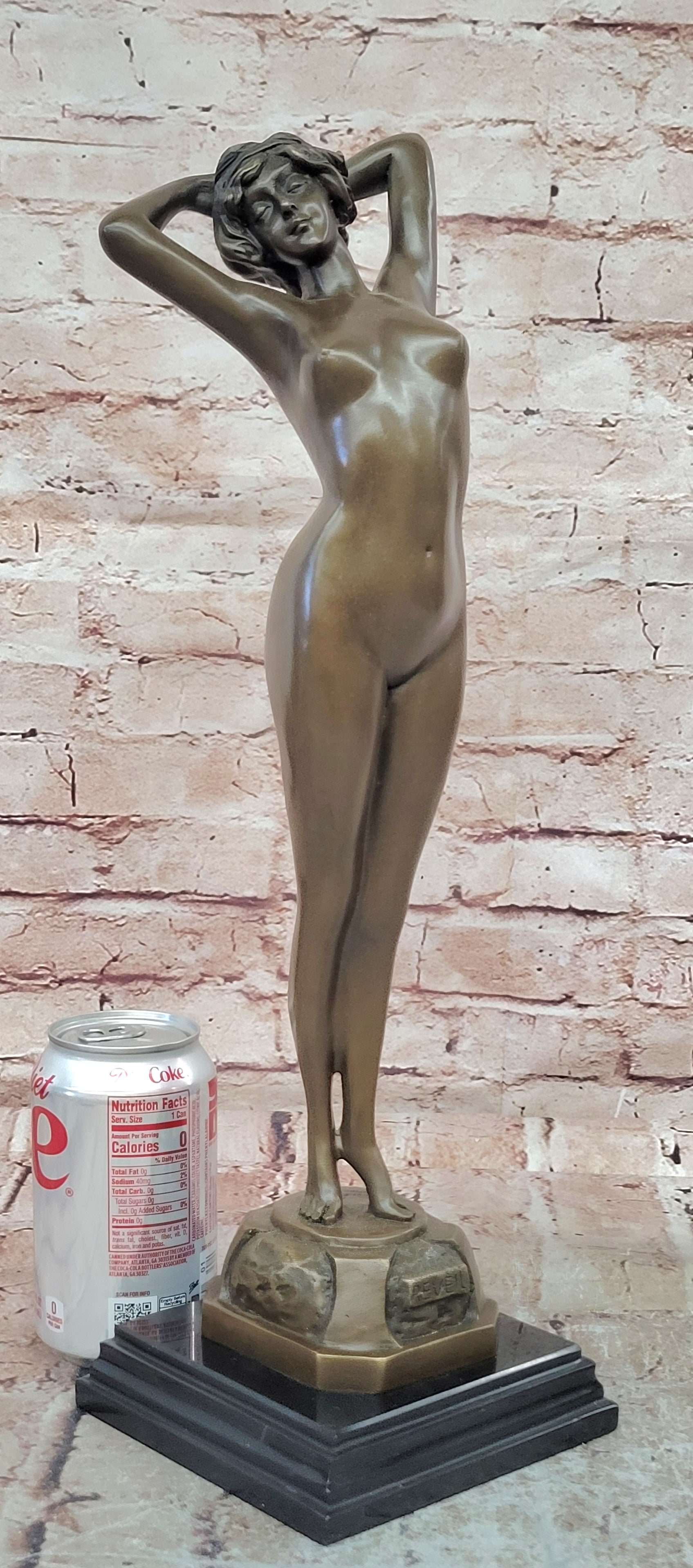 Le Reveil Bronze Sculpture Stretching Nude Woman Signed Phillipe Art Deco Figurine