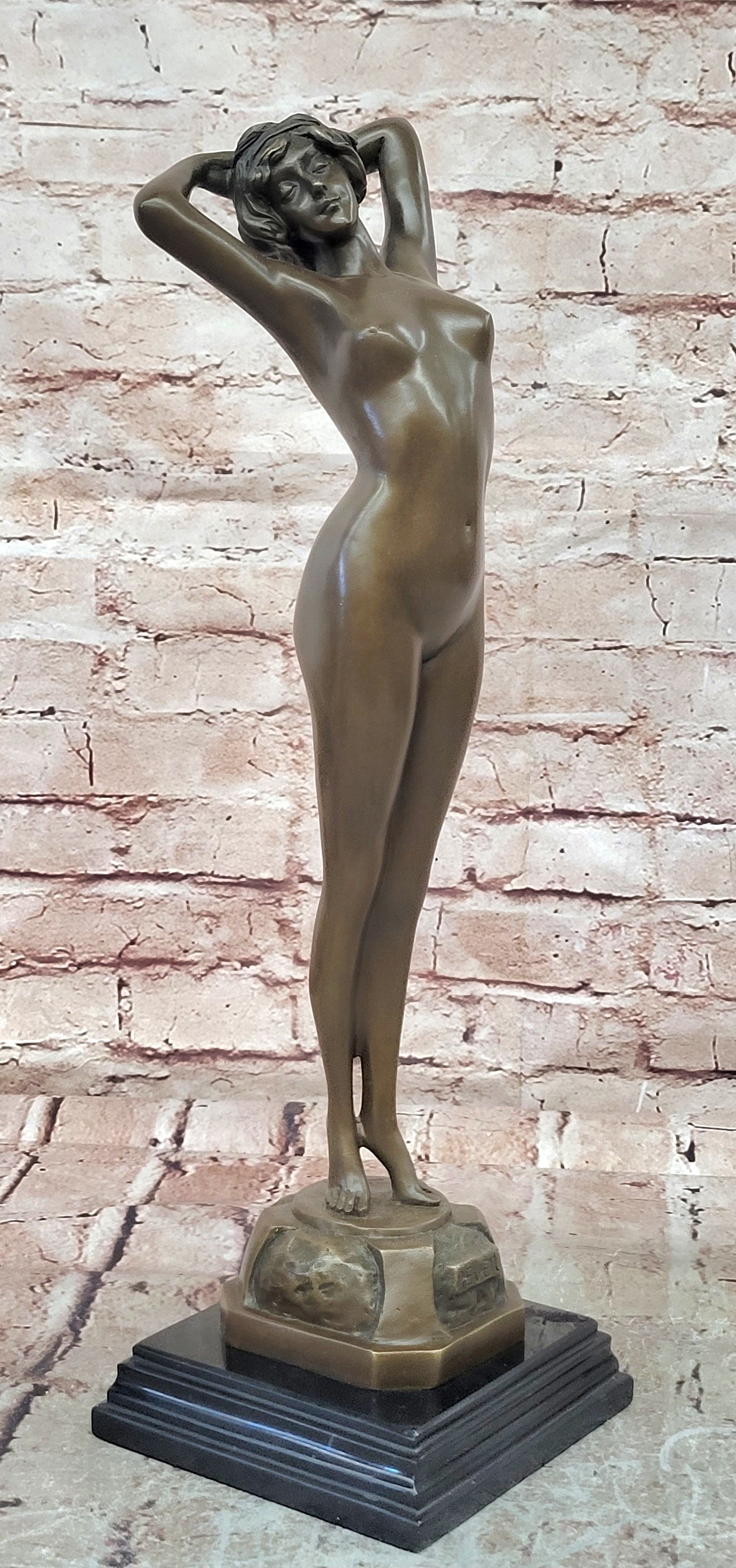 Le Reveil Bronze Sculpture Stretching Nude Woman Signed Phillipe Art Deco Figurine
