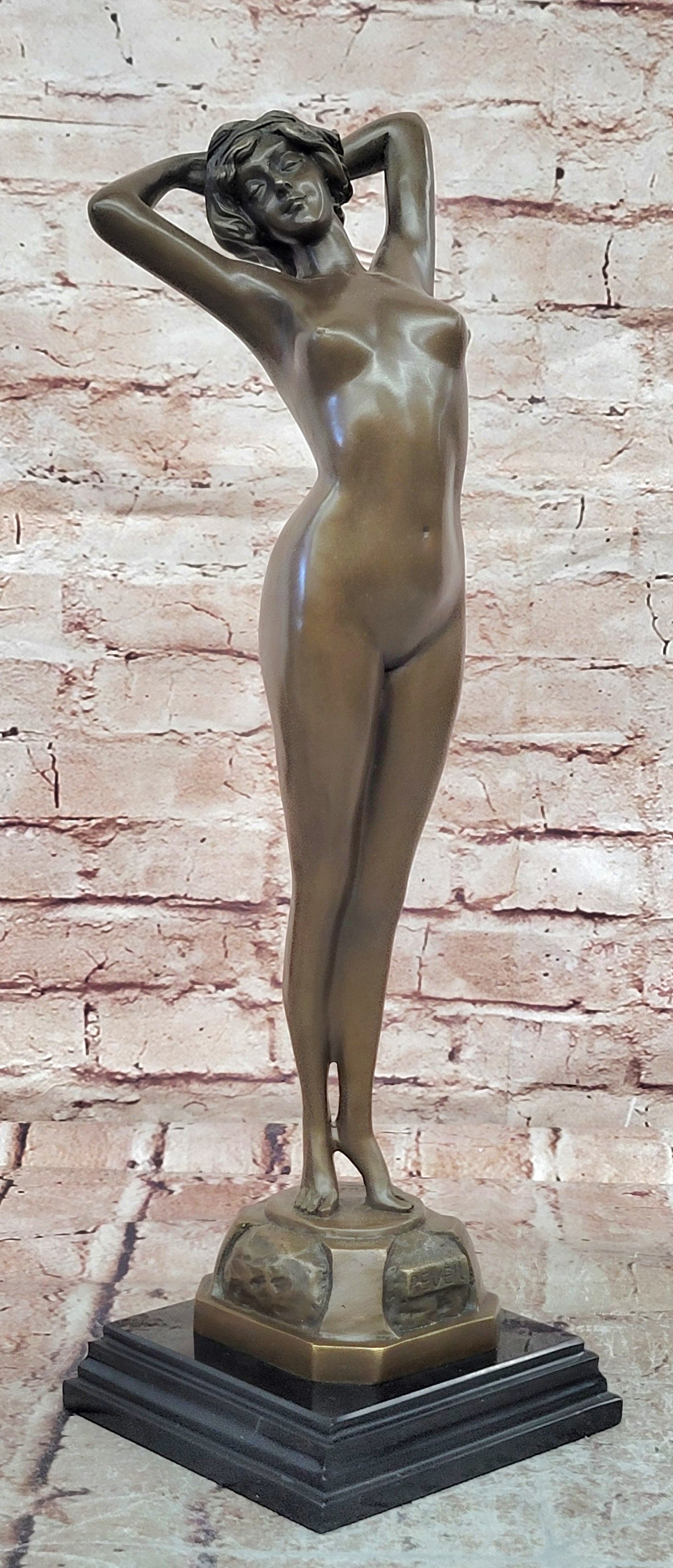 Le Reveil Bronze Sculpture Stretching Nude Woman Signed Phillipe Art Deco Figurine