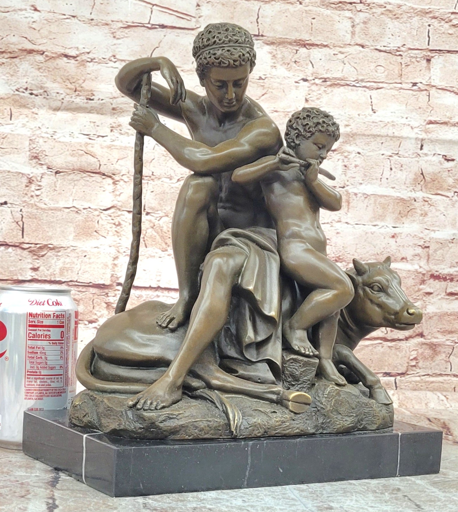 Barye Style Bronze Hercules Sculpture Child Playing Flute Bull Base Artwork