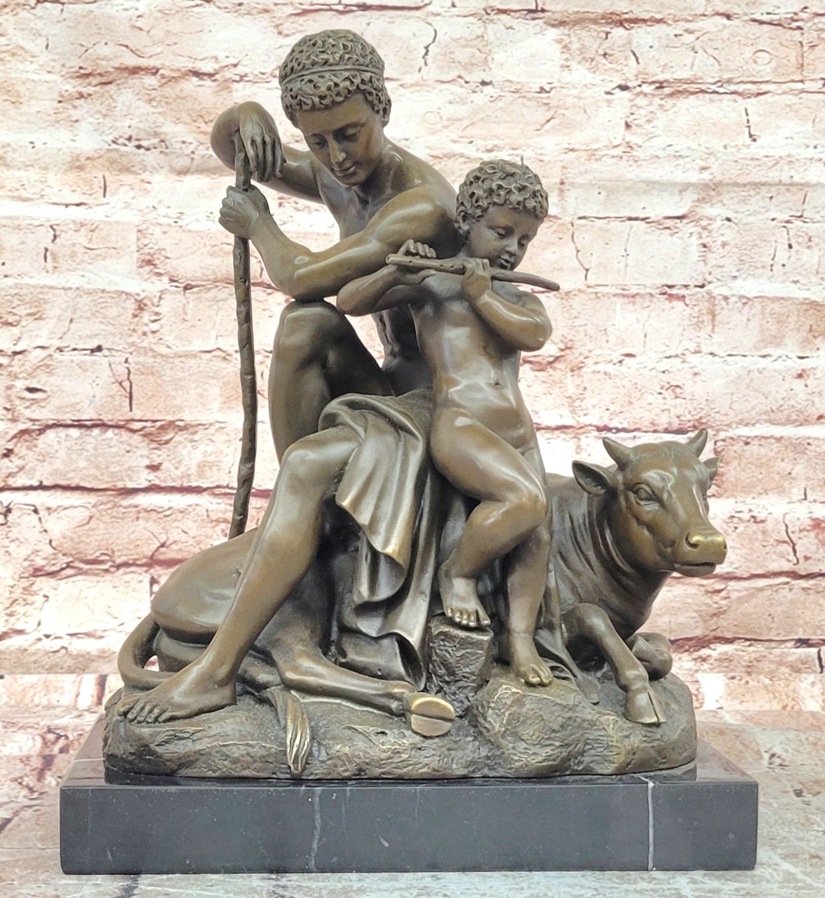 Barye Style Bronze Hercules Sculpture Child Playing Flute Bull Base Artwork