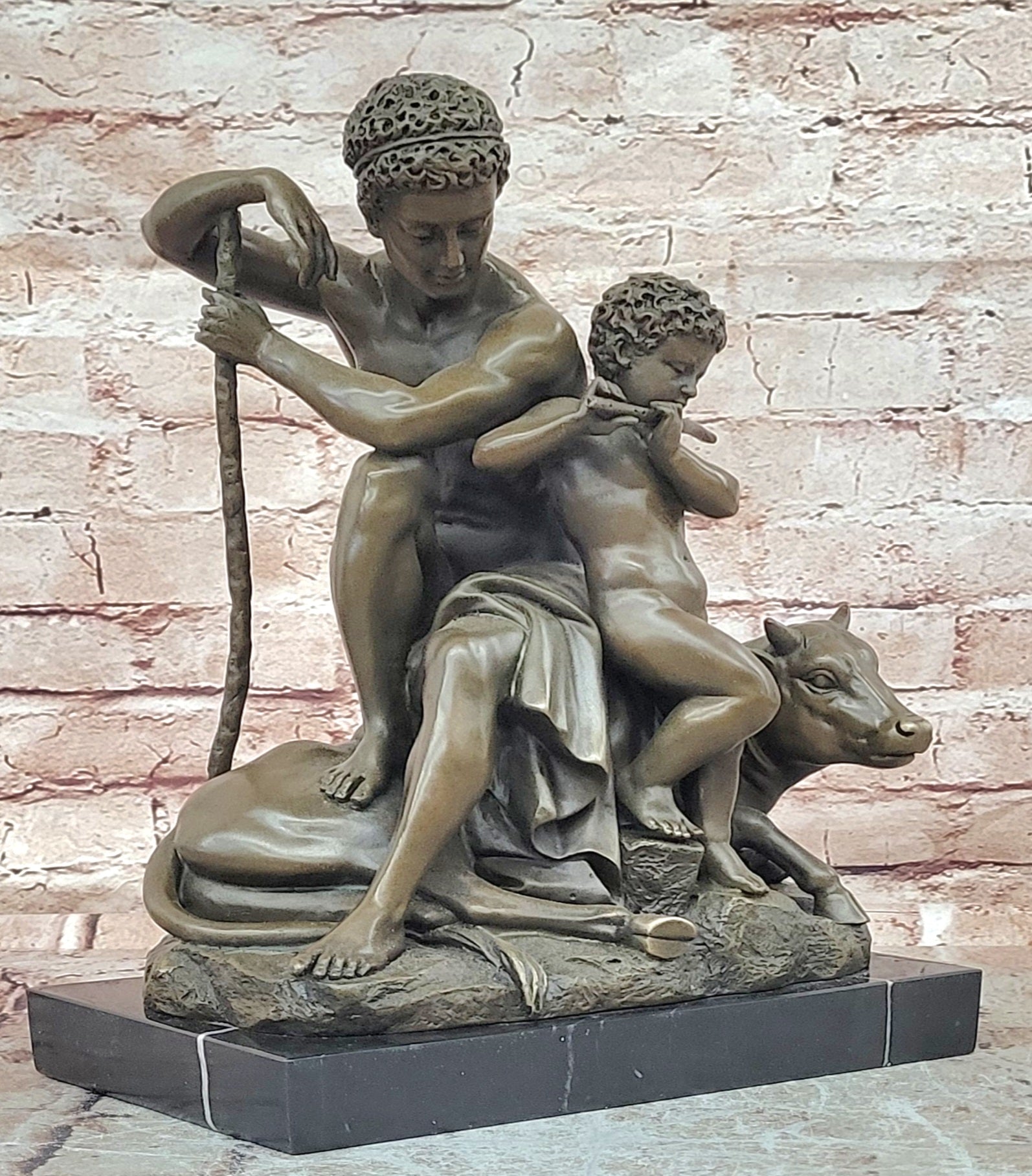 Barye Style Bronze Hercules Sculpture Child Playing Flute Bull Base Artwork