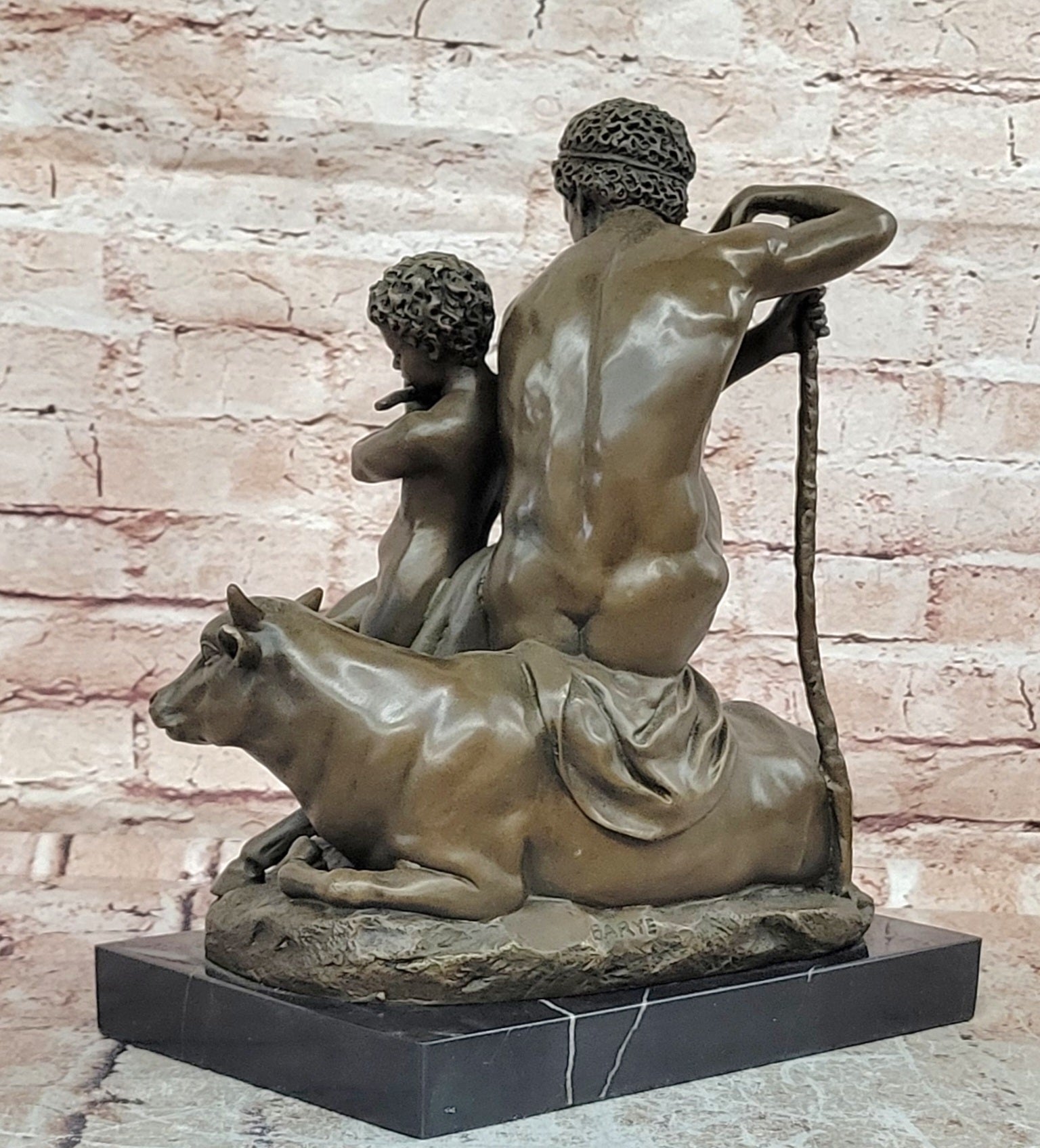 Barye Style Bronze Hercules Sculpture Child Playing Flute Bull Base Artwork