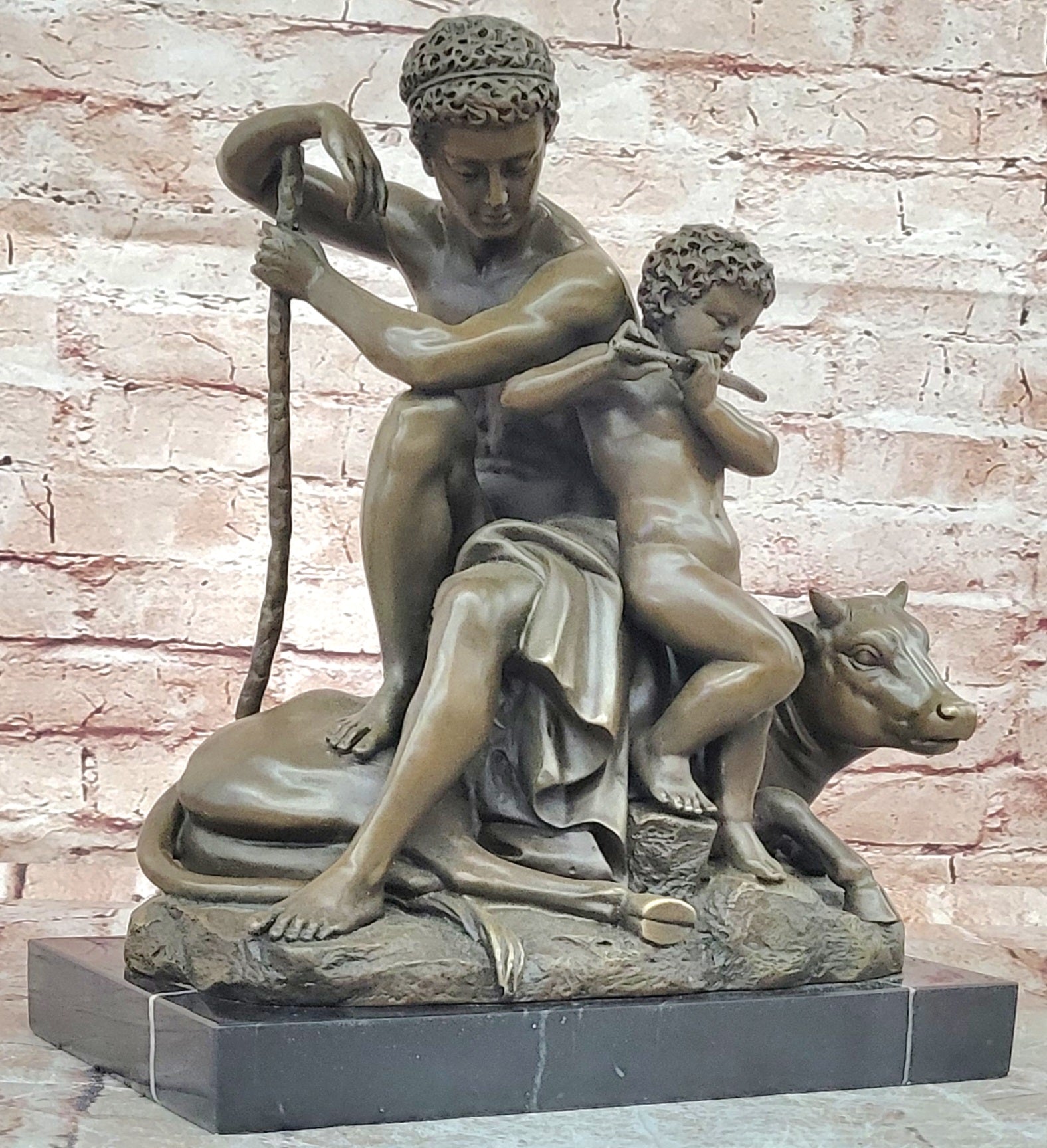 Barye Style Bronze Hercules Sculpture Child Playing Flute Bull Base Artwork