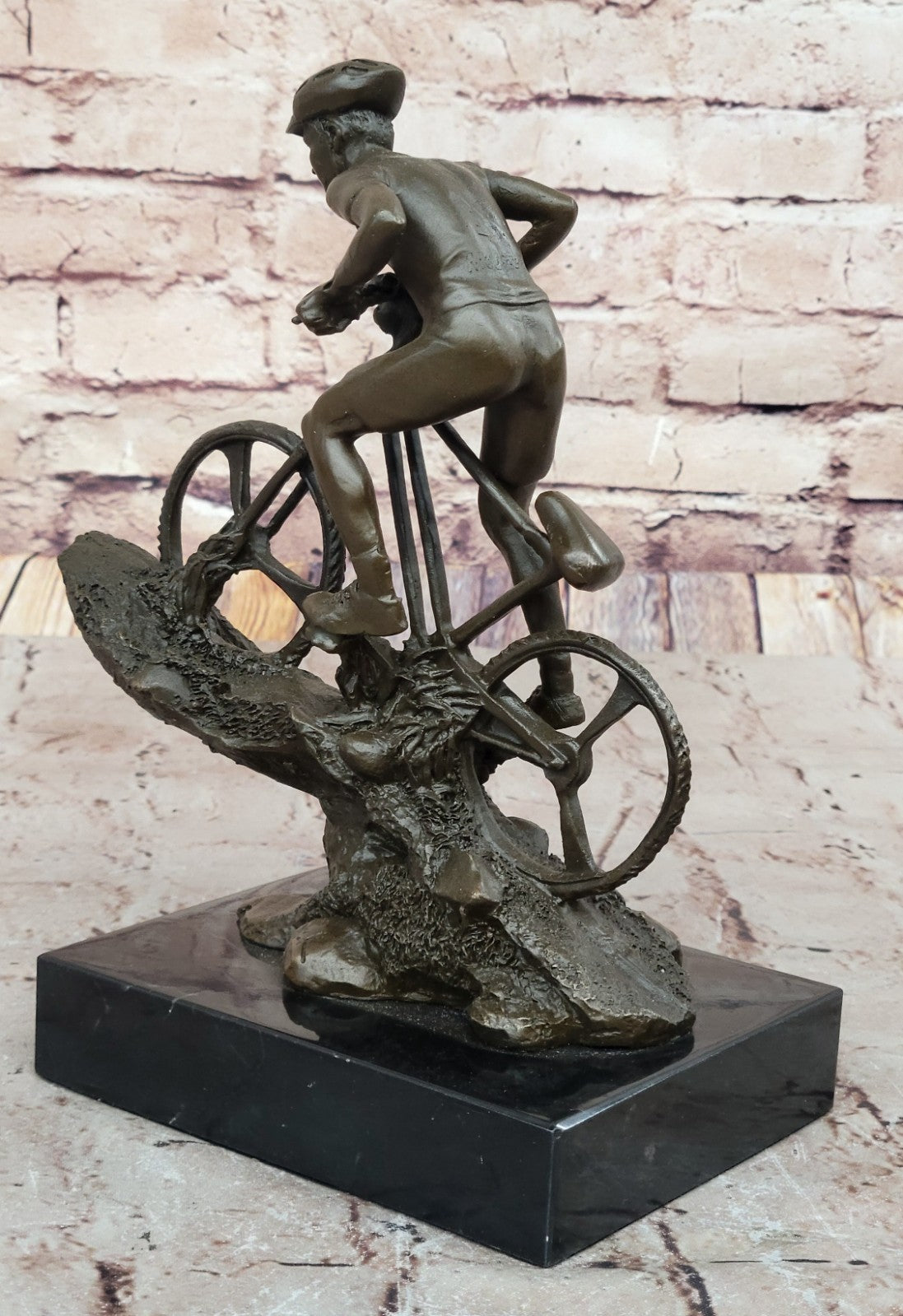Heavy Solid Wrought Iron Bronze Sculpture Biking Sport Statue Man Bike Bicycle