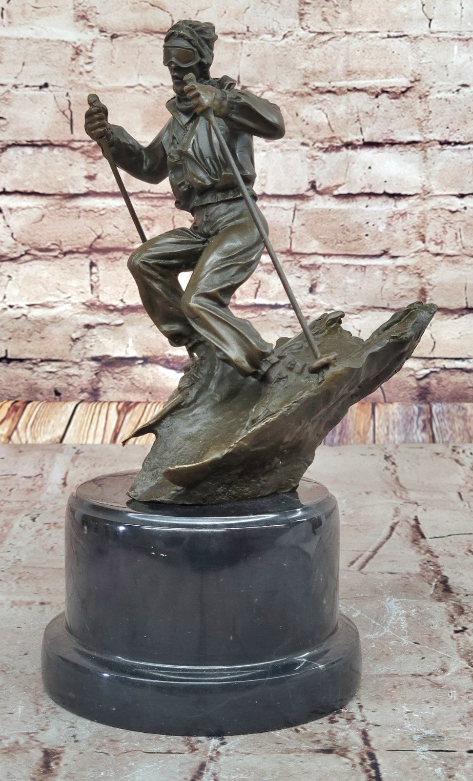 Signed: NICK Bronze Sculpture skier men skiiing snow ski sports Statue Figurine