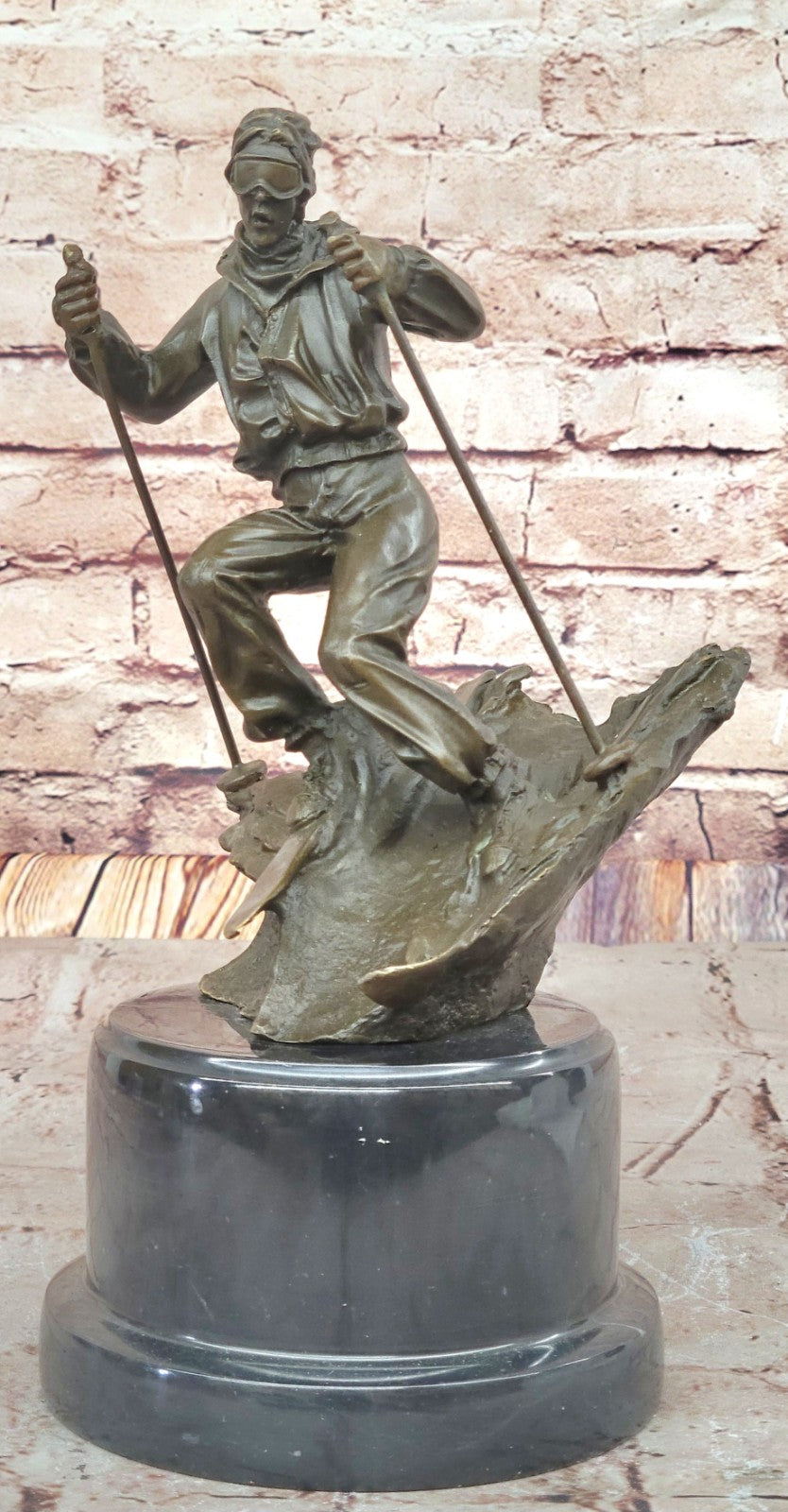 Signed: NICK Bronze Sculpture skier men skiiing snow ski sports Statue Figurine