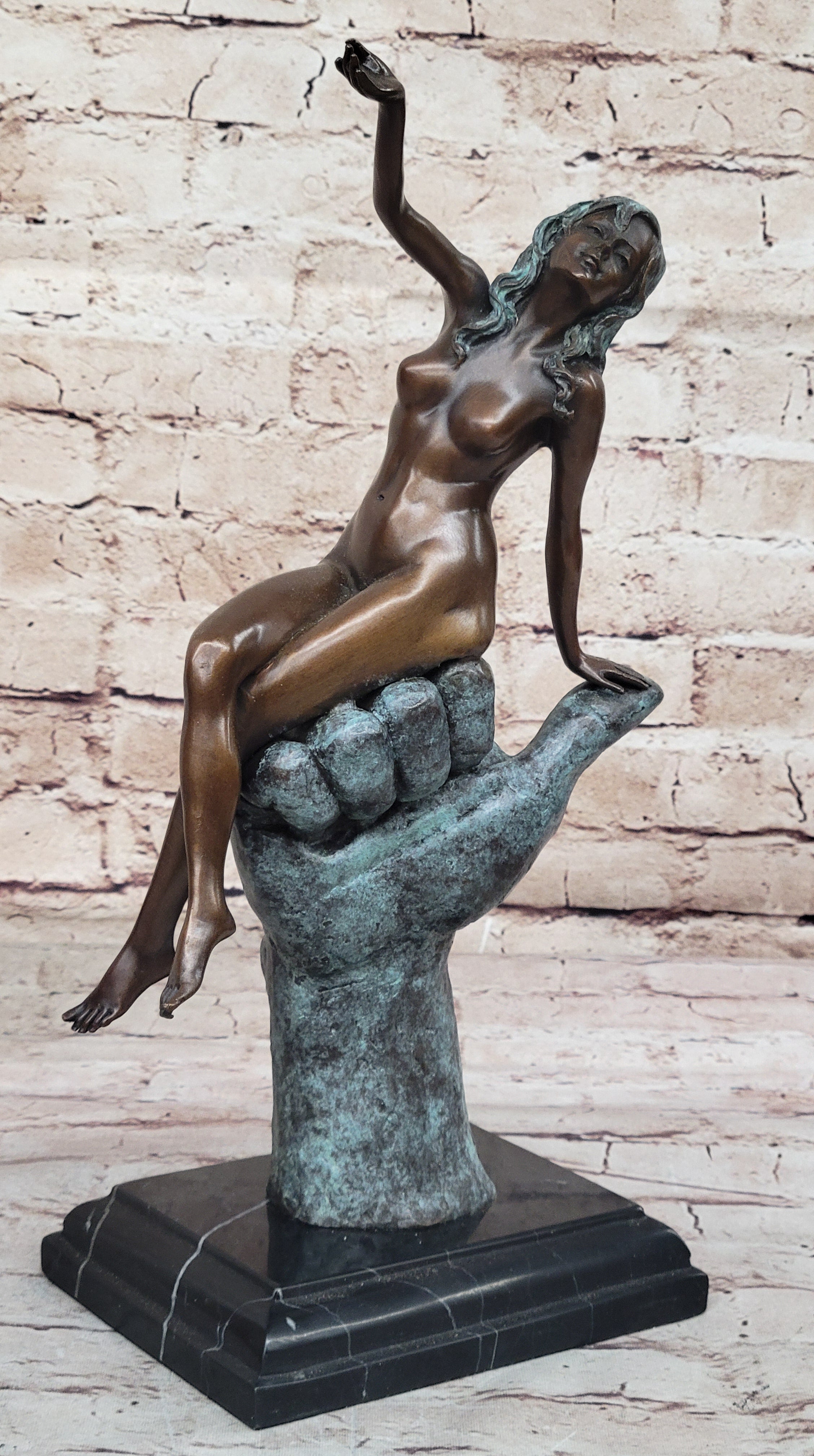 Bronze Figure of a Naked Lady Sitting on a Mans Hand by Juno Original Art Figure