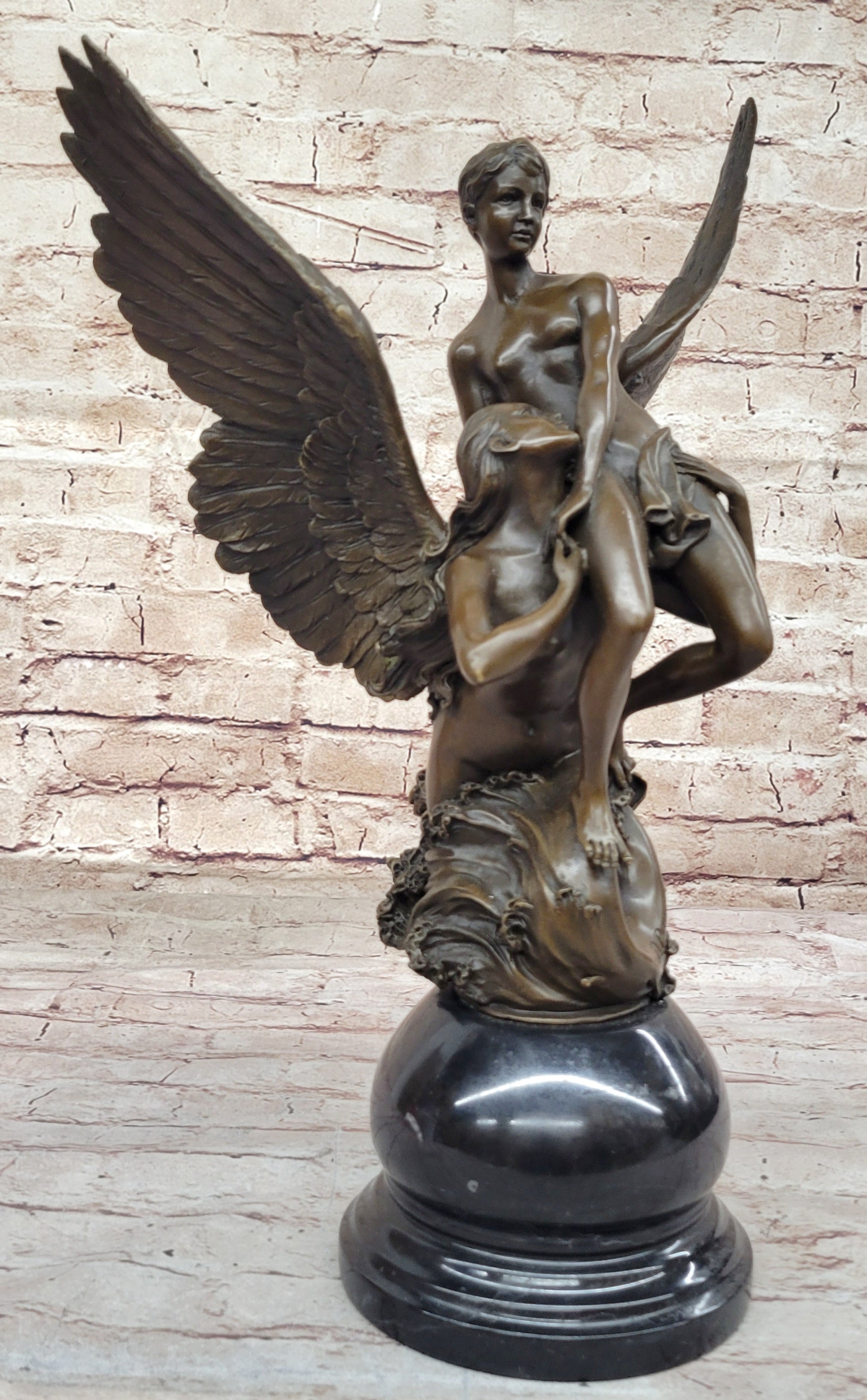 Winged Siren Seizing an Adolescent Bronze Figurine by Denis Puech