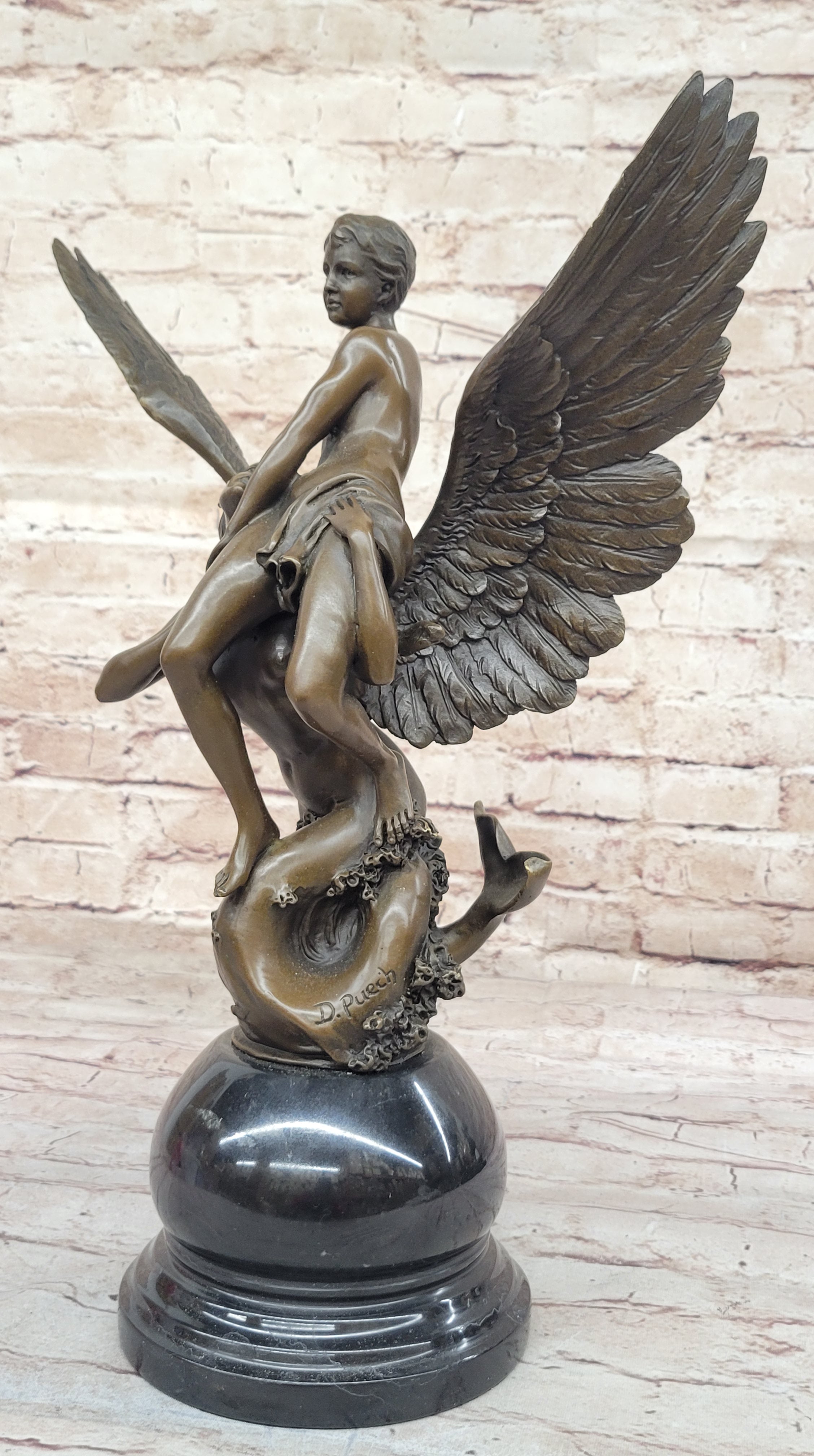 Winged Siren Seizing an Adolescent Bronze Figurine by Denis Puech