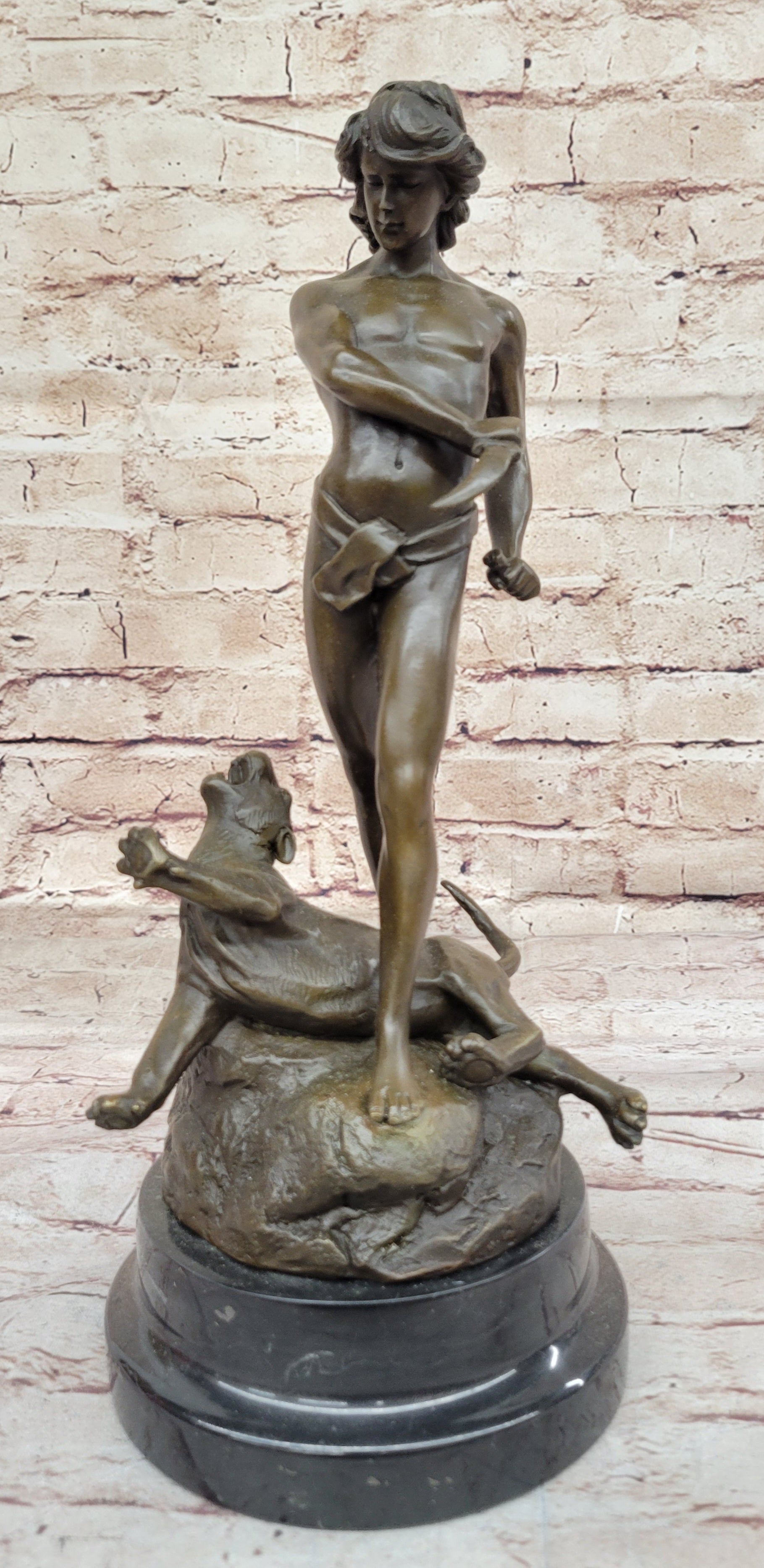 The lion slayer by Loys Potet Art Deco Nude Young Tarzan With Cougar Bronze Sale