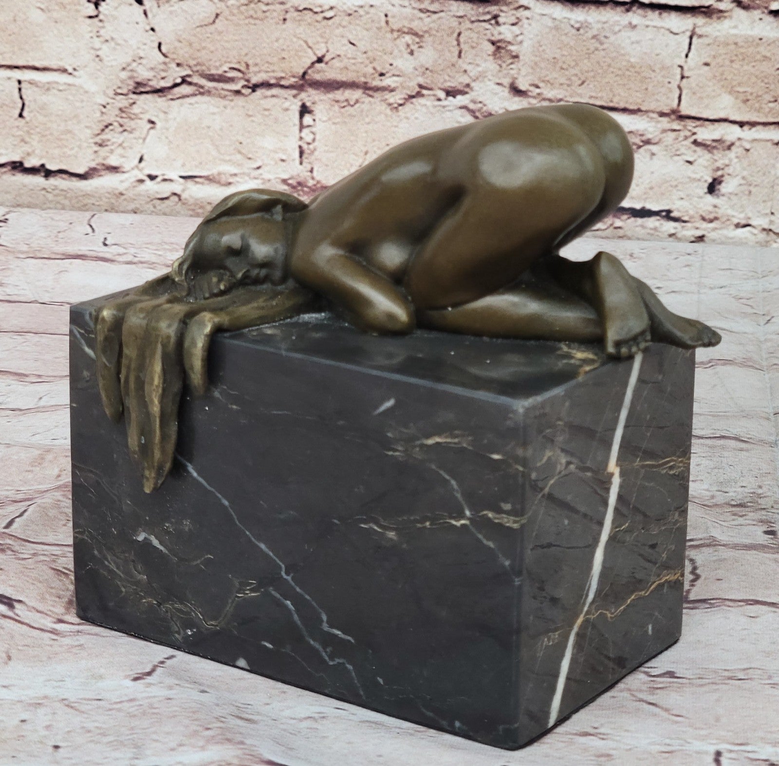 EROTIC BRONZE ART STATUE NAKED LADY FIGURINE NUDE FEMALE SCULPTURE MARBLE BASE