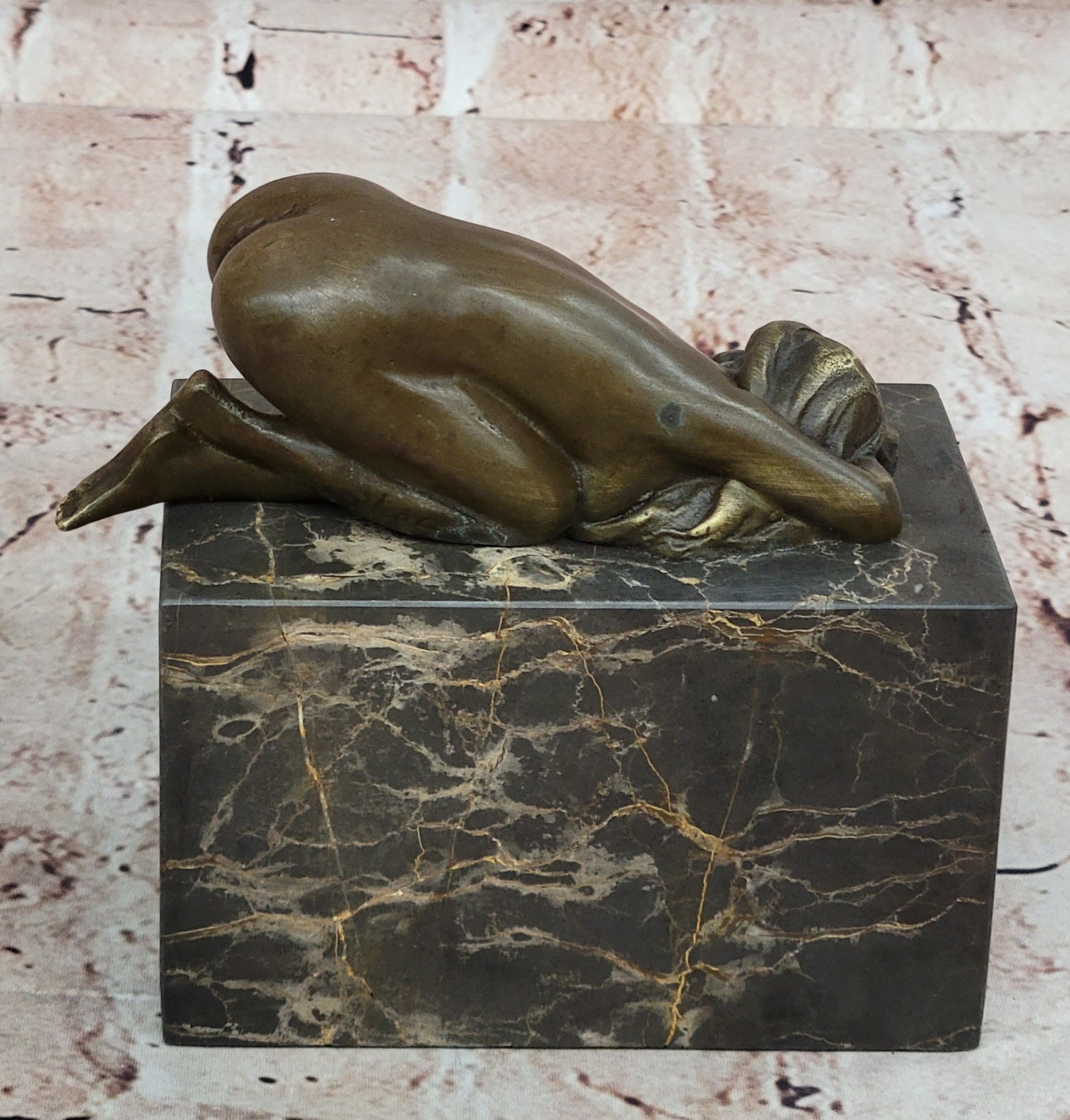 EROTIC BRONZE ART STATUE NAKED LADY FIGURINE NUDE FEMALE SCULPTURE MARBLE BASE