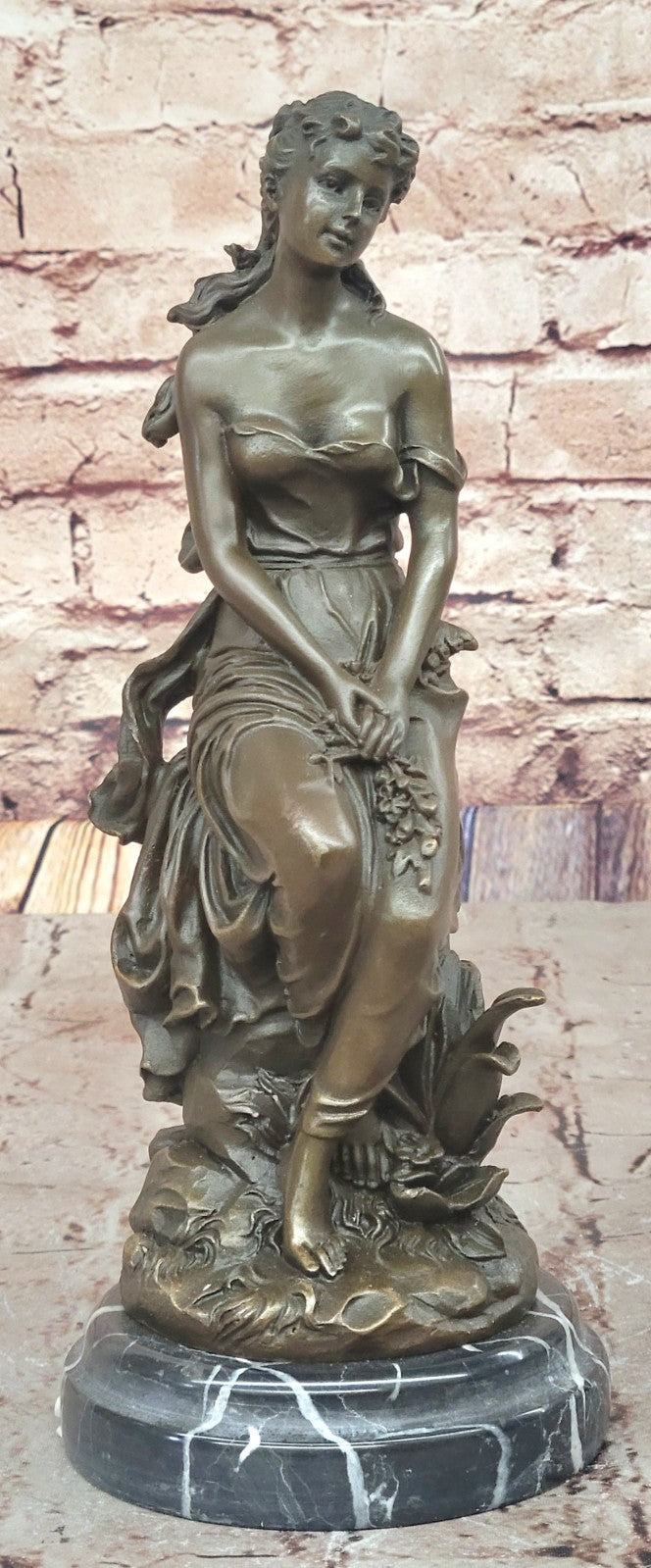 Mid Century French Bronze 11" Neoclassical sculpture of a maiden with Flowers NR