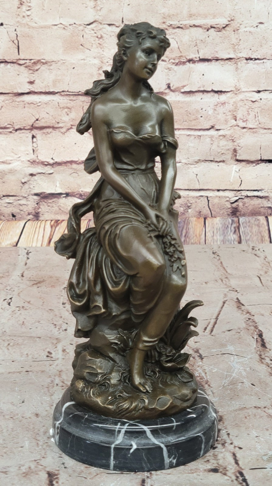 Mid Century French Bronze 11" Neoclassical sculpture of a maiden with Flowers NR