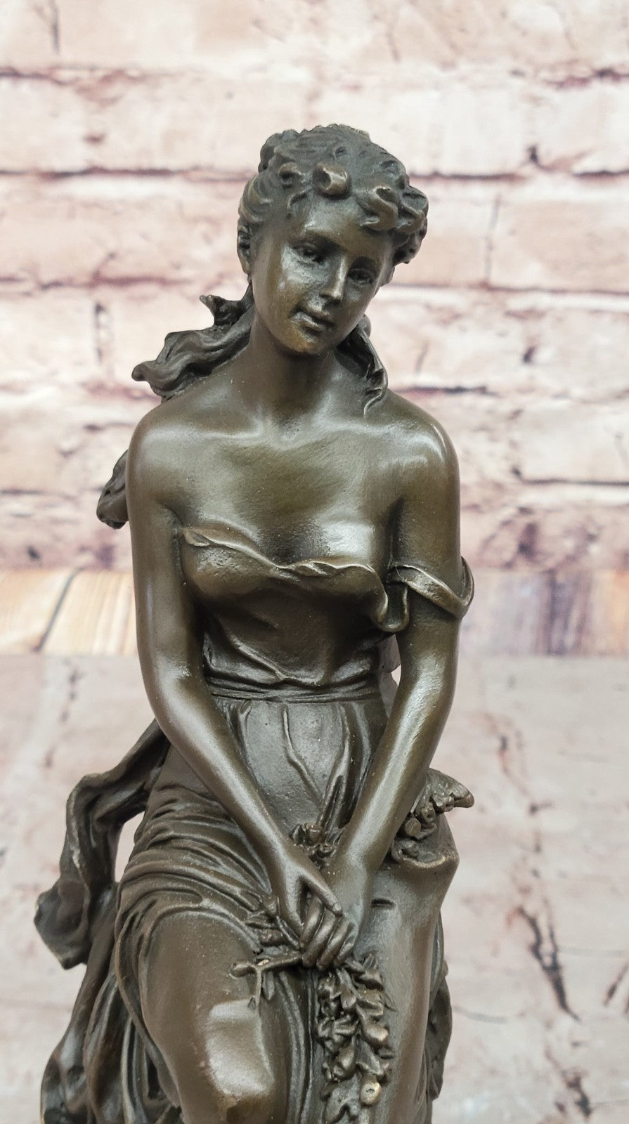 Mid Century French Bronze 11" Neoclassical sculpture of a maiden with Flowers NR