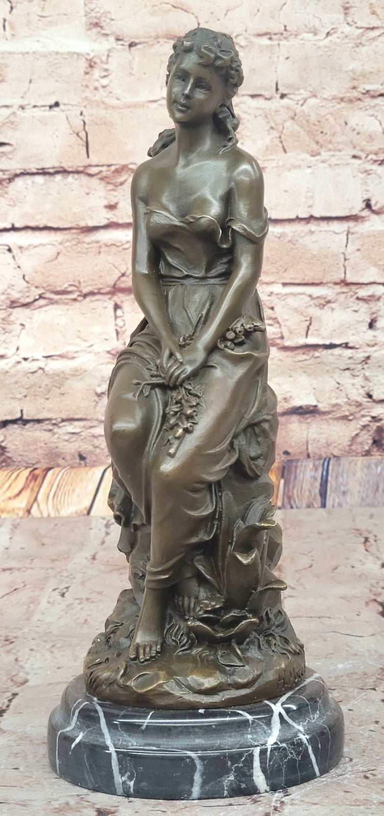 Mid Century French Bronze 11" Neoclassical sculpture of a maiden with Flowers NR