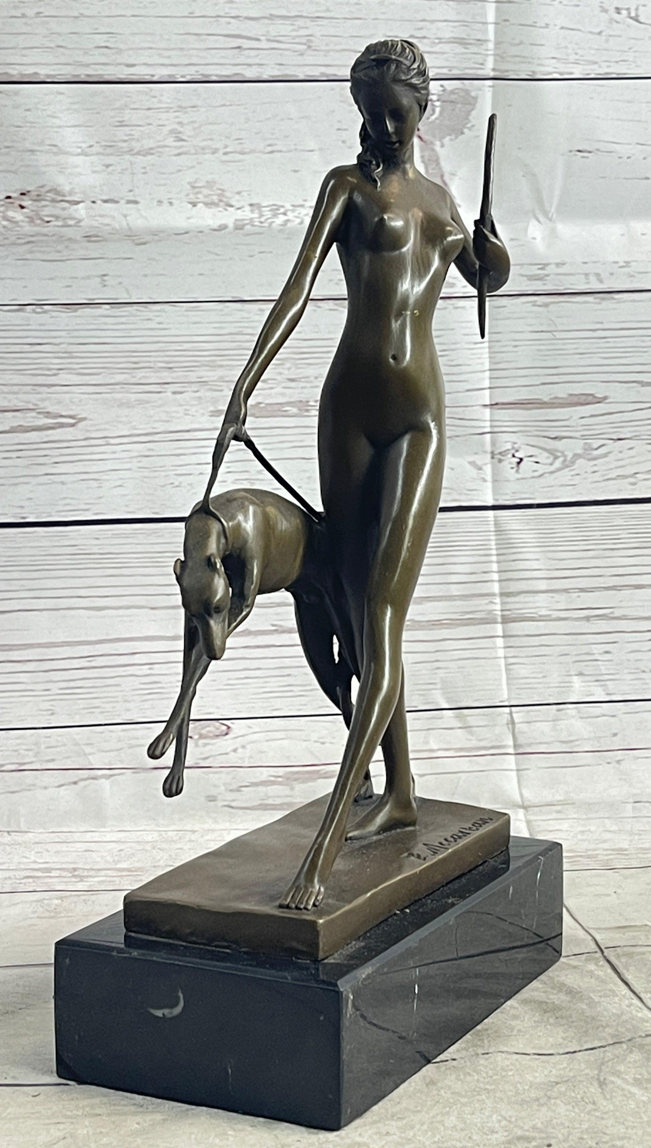 Signed Cast Bronze Diana The Huntress Art Deco Nude Sculpture Statue Mythical NR