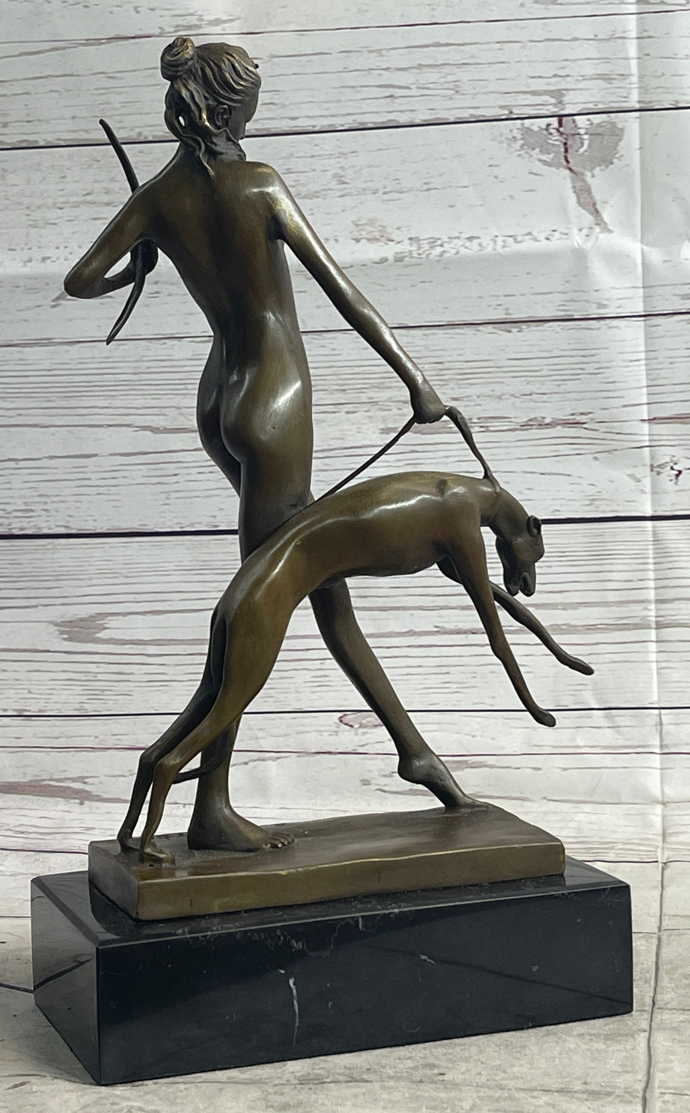 Signed Cast Bronze Diana The Huntress Art Deco Nude Sculpture Statue Mythical NR