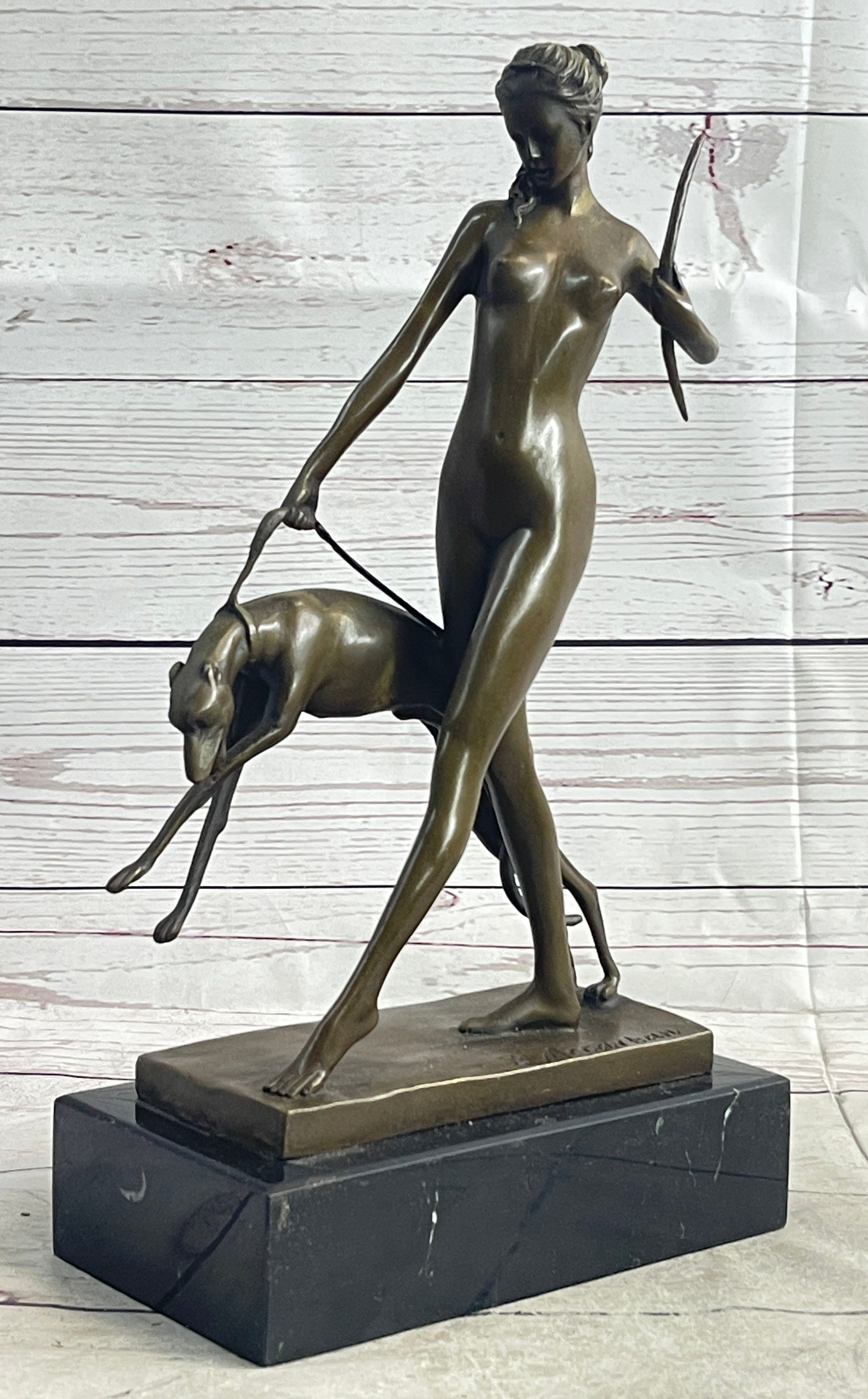 Signed Cast Bronze Diana The Huntress Art Deco Nude Sculpture Statue Mythical NR