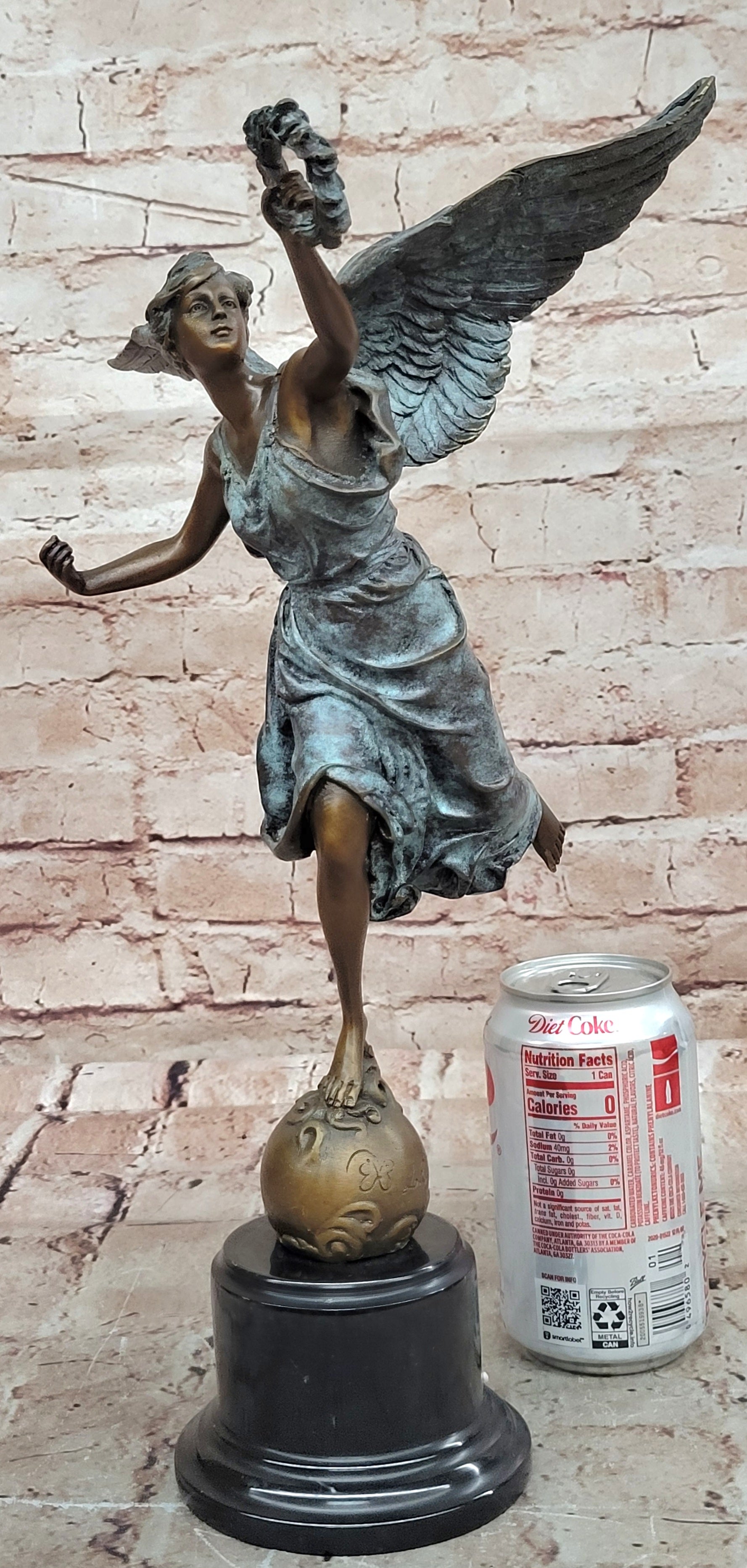 Classic Bronze Winged Victory Nike Sculpture Laurel Wreath Marble Statue