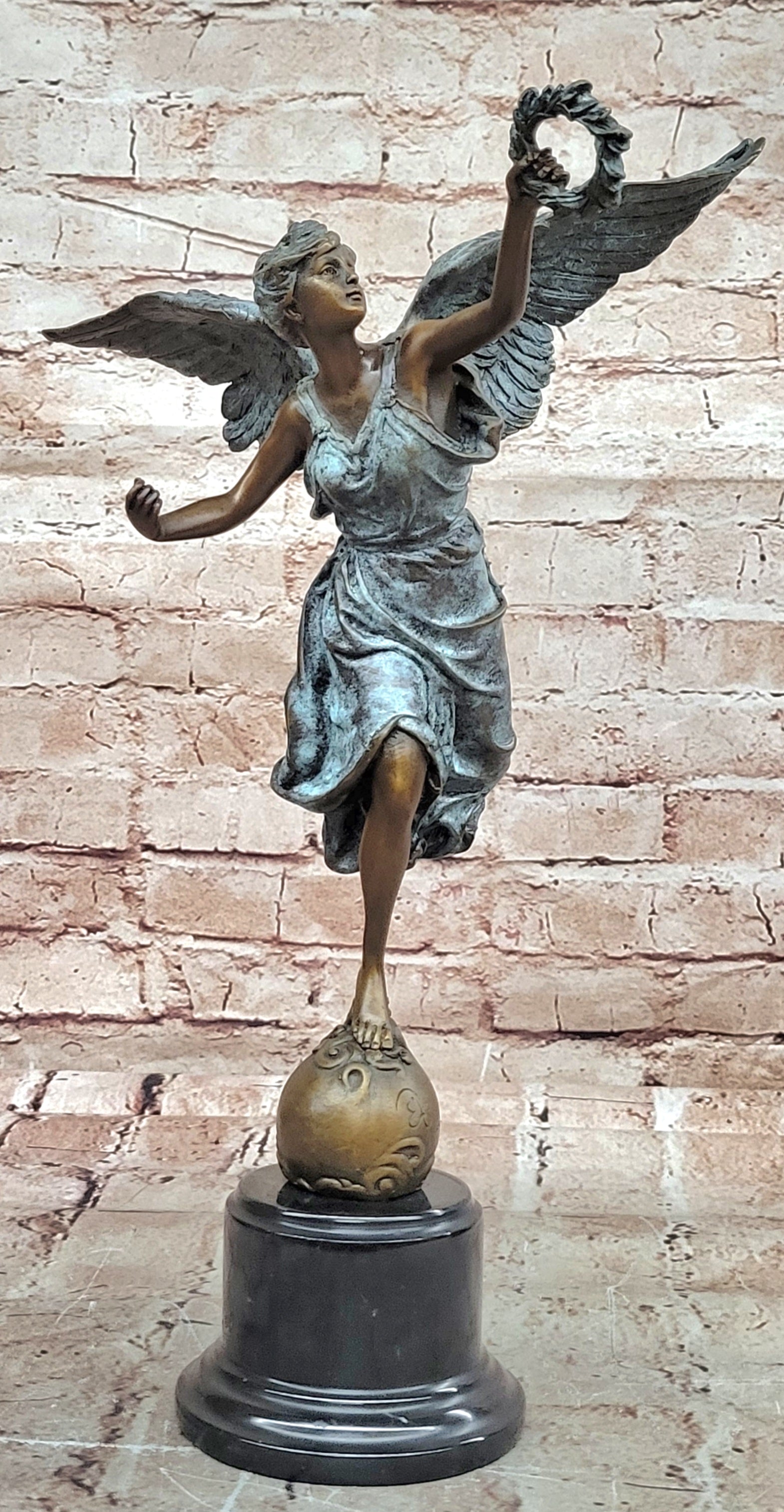 Classic Bronze Winged Victory Nike Sculpture Laurel Wreath Marble Statue