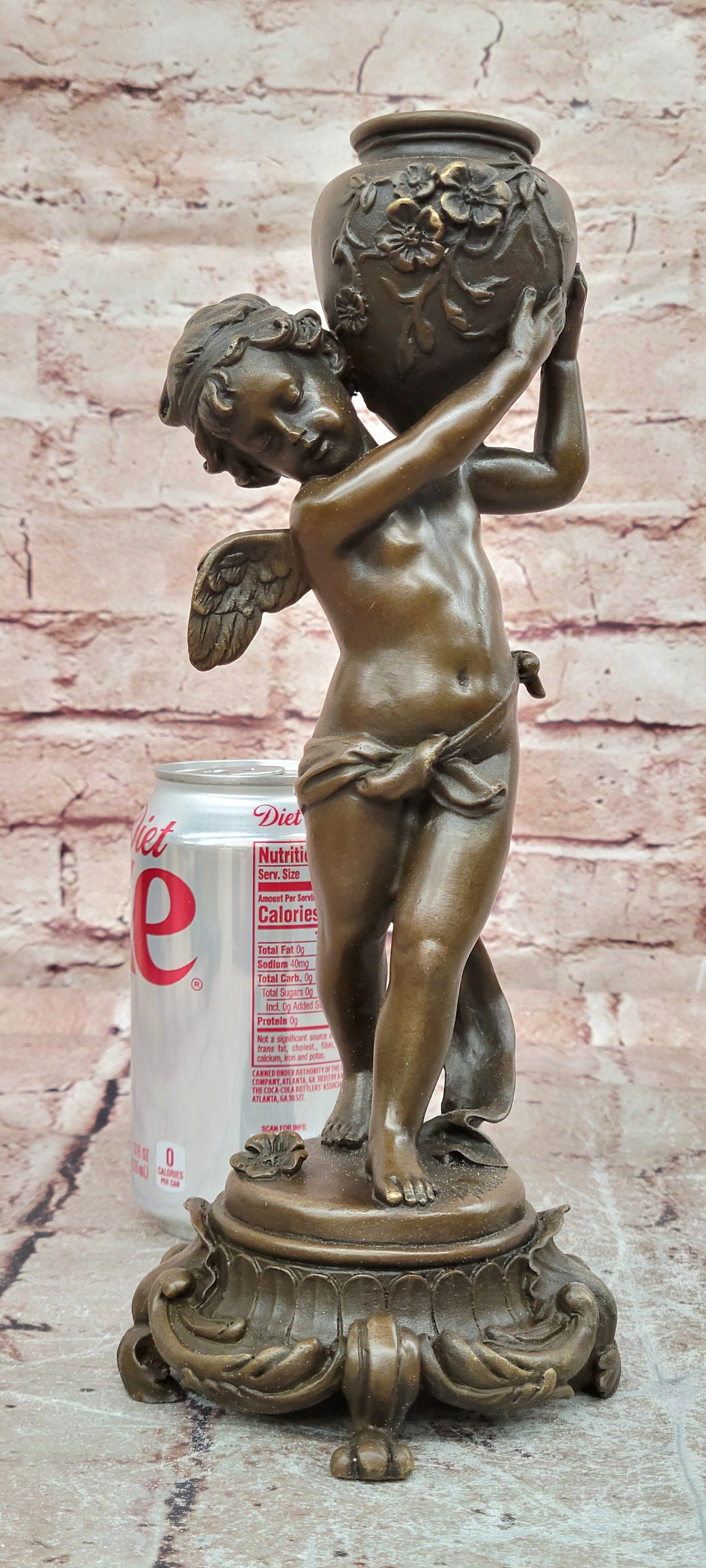 Signed Moreau Bronze Baby Angel Cherub Holding Vase Hot Cast Collectible Art