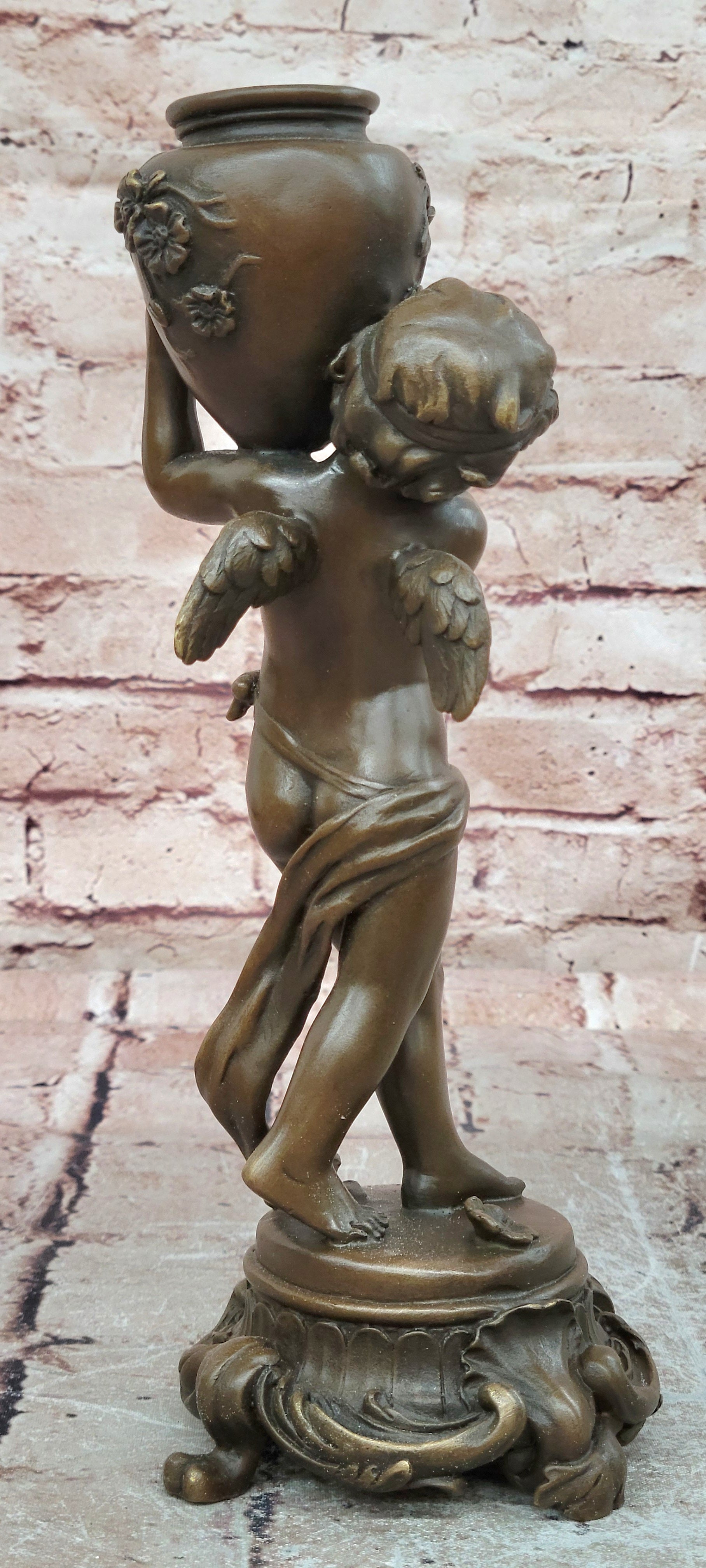 Signed Moreau Bronze Baby Angel Cherub Holding Vase Hot Cast Collectible Art