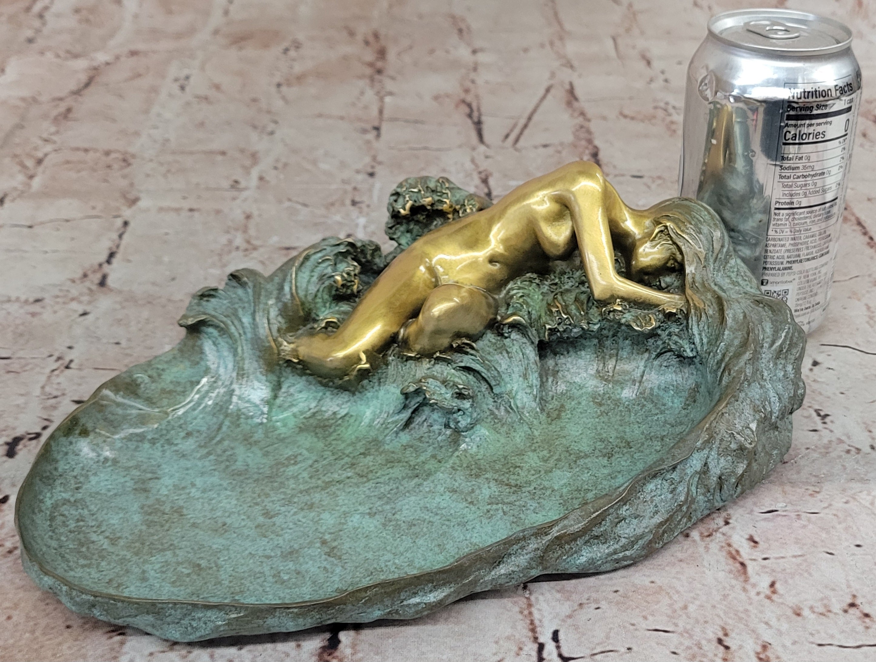 European Bronze Sculpture ART Nouveau Lady Lotus Jewelry Dish Green Patina Sale