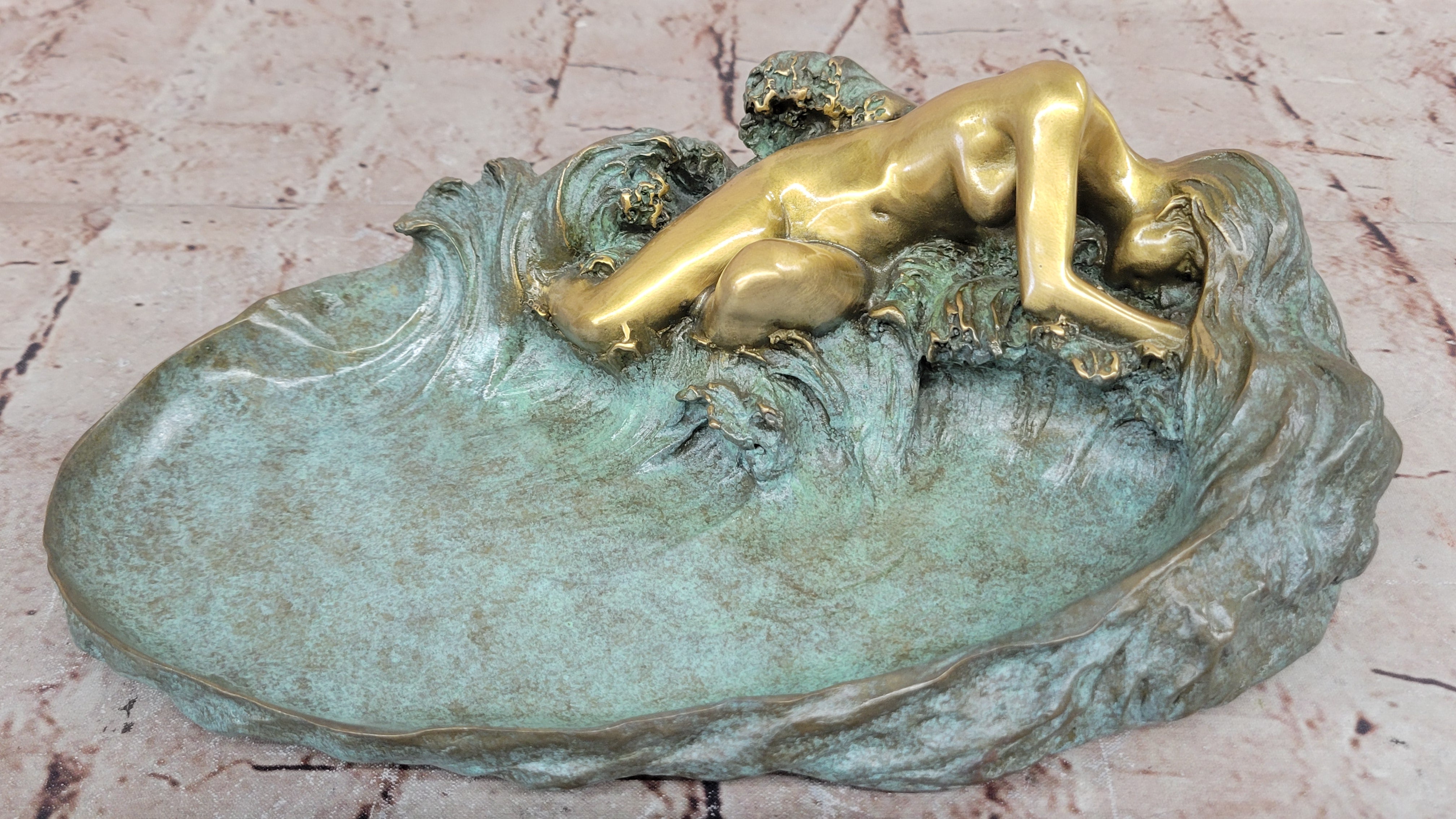 European Bronze Sculpture ART Nouveau Lady Lotus Jewelry Dish Green Patina Sale