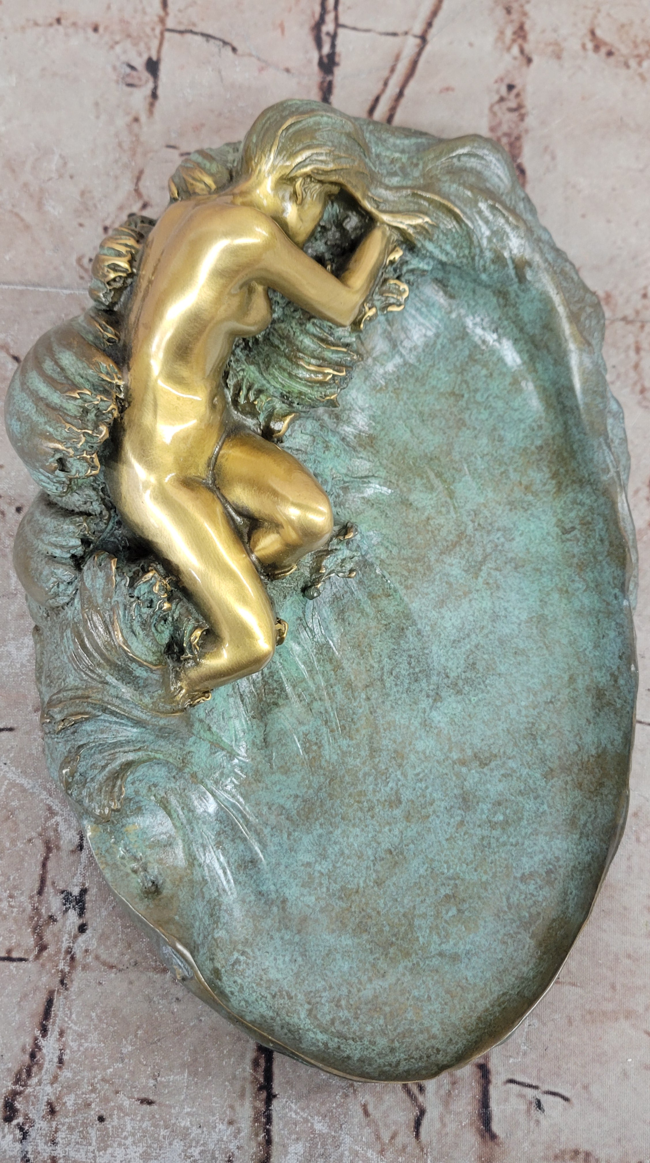 European Bronze Sculpture ART Nouveau Lady Lotus Jewelry Dish Green Patina Sale