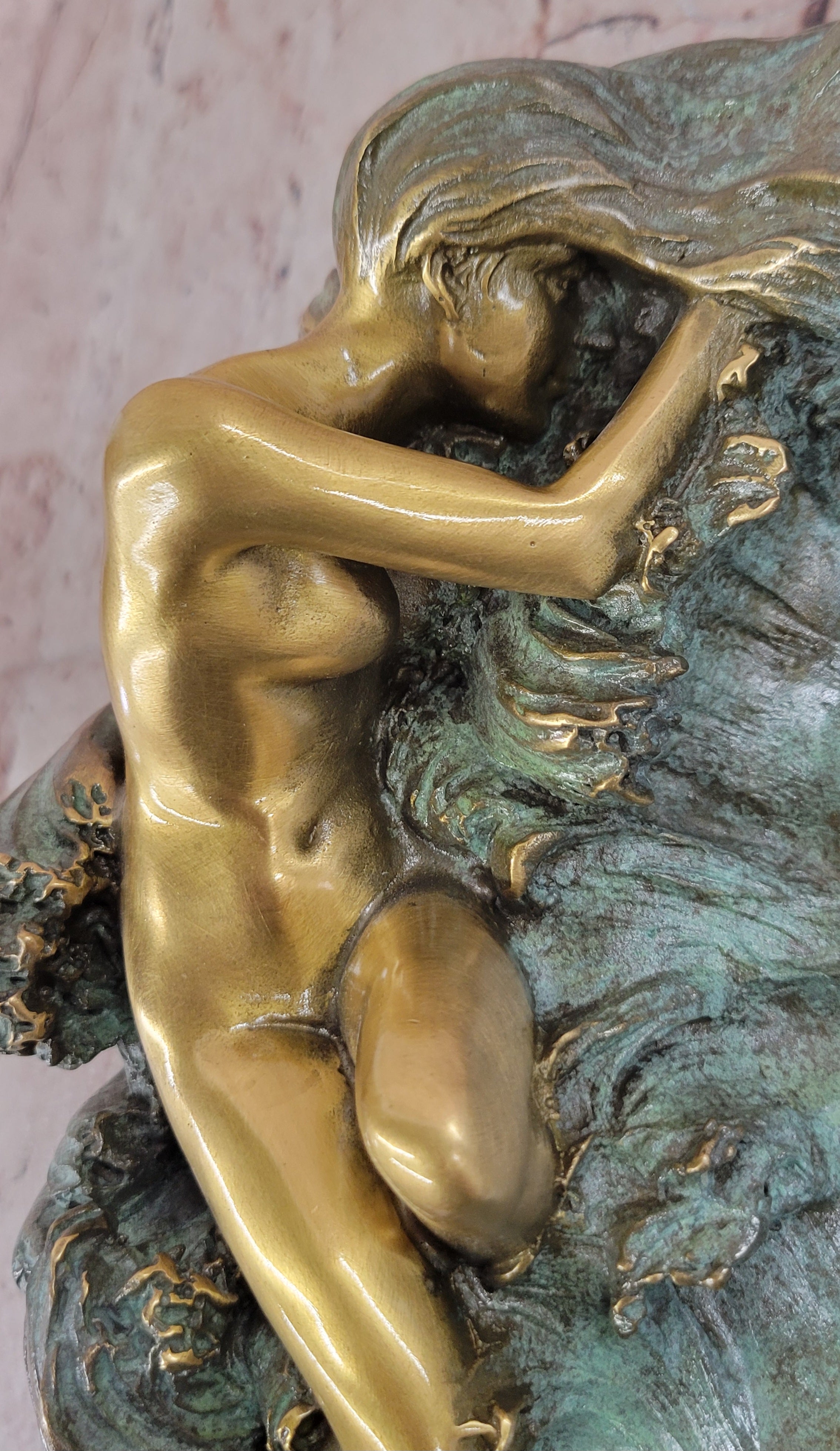 European Bronze Sculpture ART Nouveau Lady Lotus Jewelry Dish Green Patina Sale