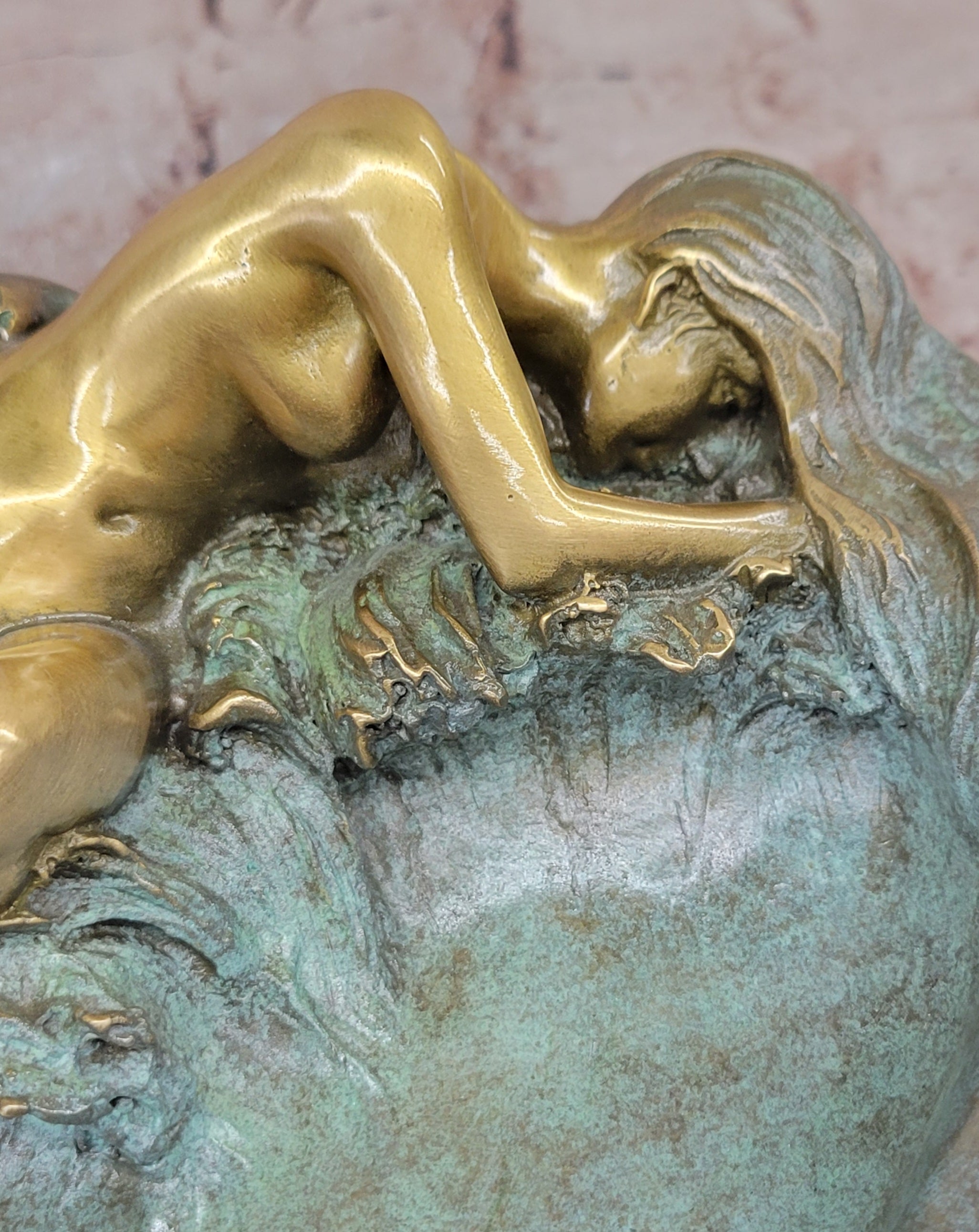 European Bronze Sculpture ART Nouveau Lady Lotus Jewelry Dish Green Patina Sale