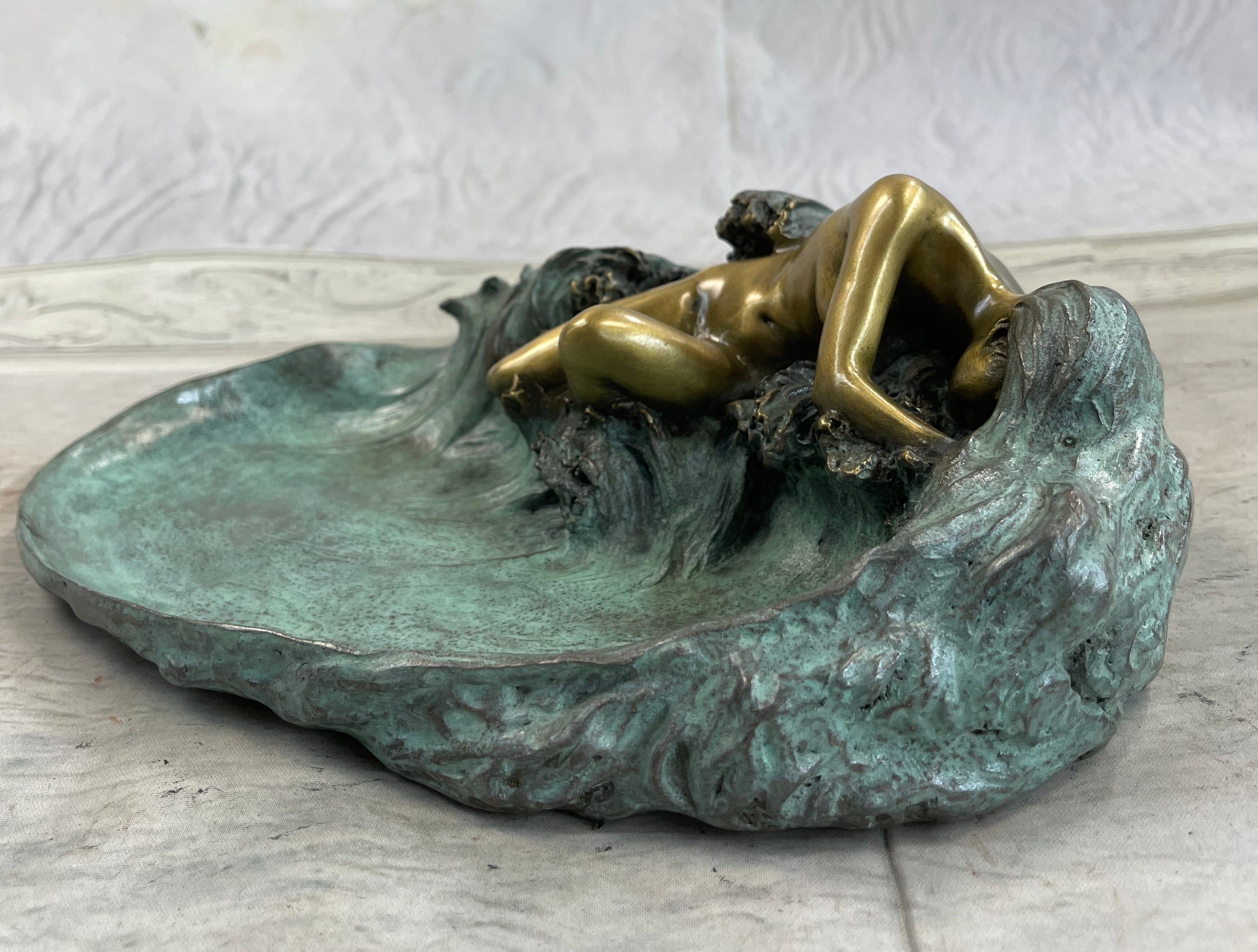 European Bronze Sculpture ART Nouveau Lady Lotus Jewelry Dish Green Patina Sale