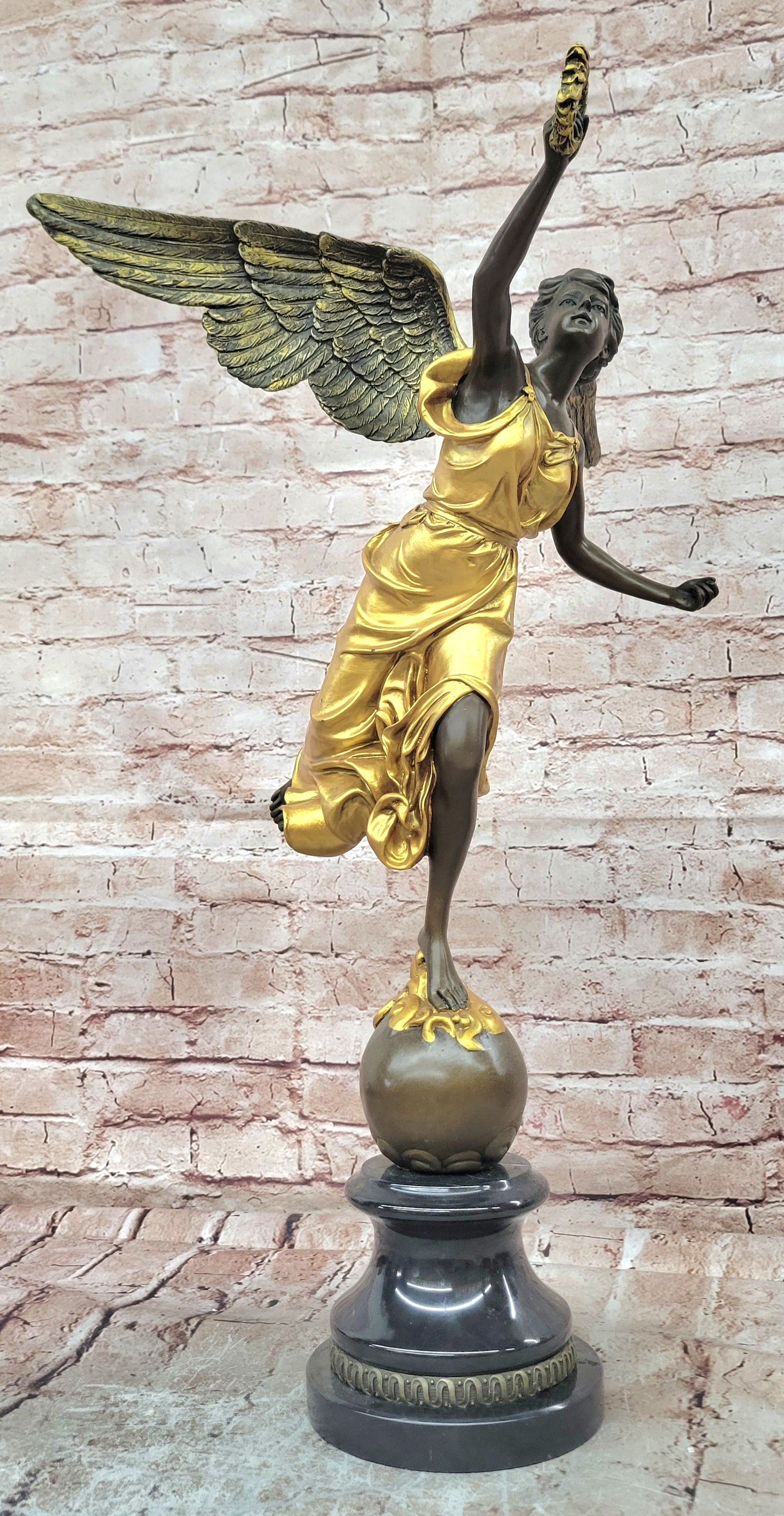 Bronze Winged Victory Goddess Sculpture Art Deco Gold Accent Figurine Decor
