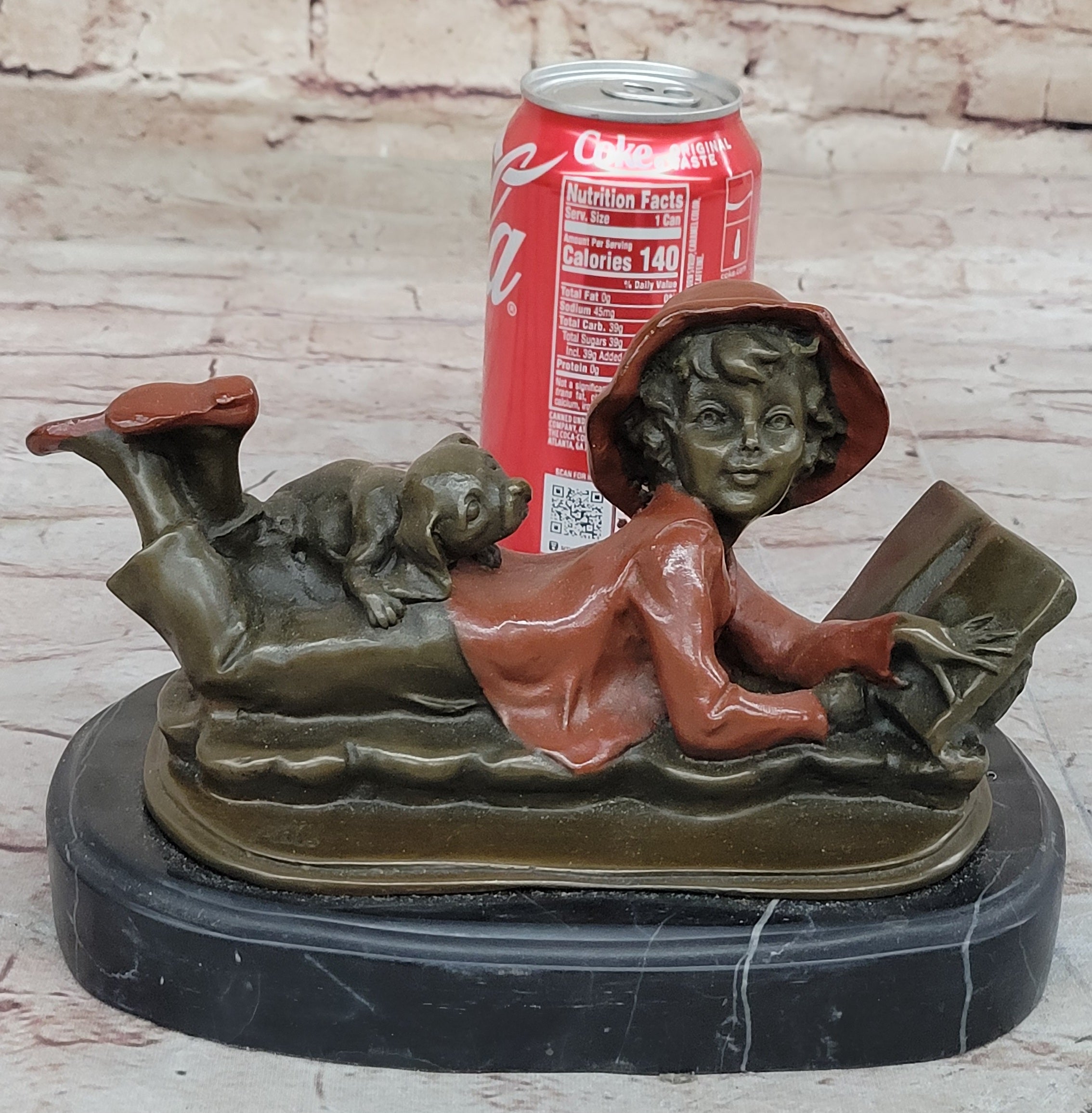 Vintage Bronze Statue Figure Sculpture Girl Reading Book Marble Base Artwork Gift
