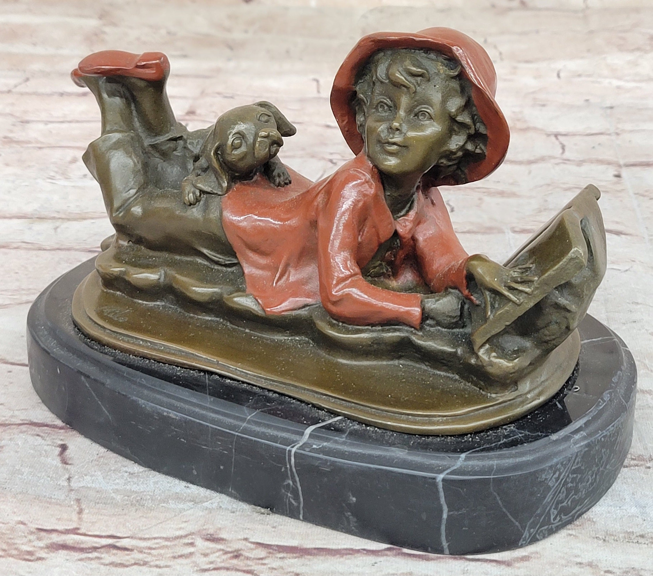 Vintage Bronze Statue Figure Sculpture Girl Reading Book Marble Base Artwork Gift
