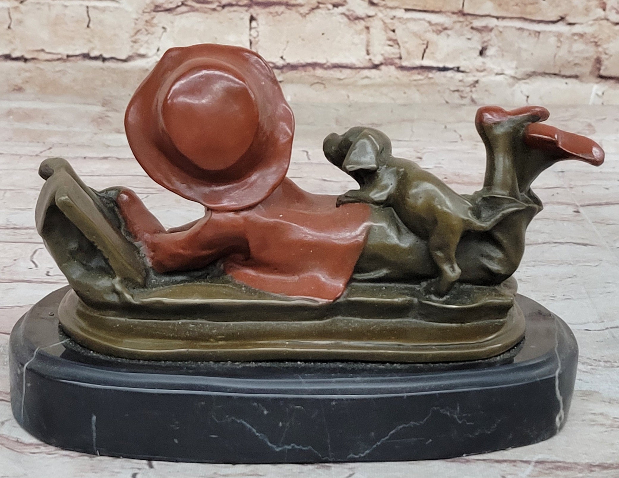 Vintage Bronze Statue Figure Sculpture Girl Reading Book Marble Base Artwork Gift