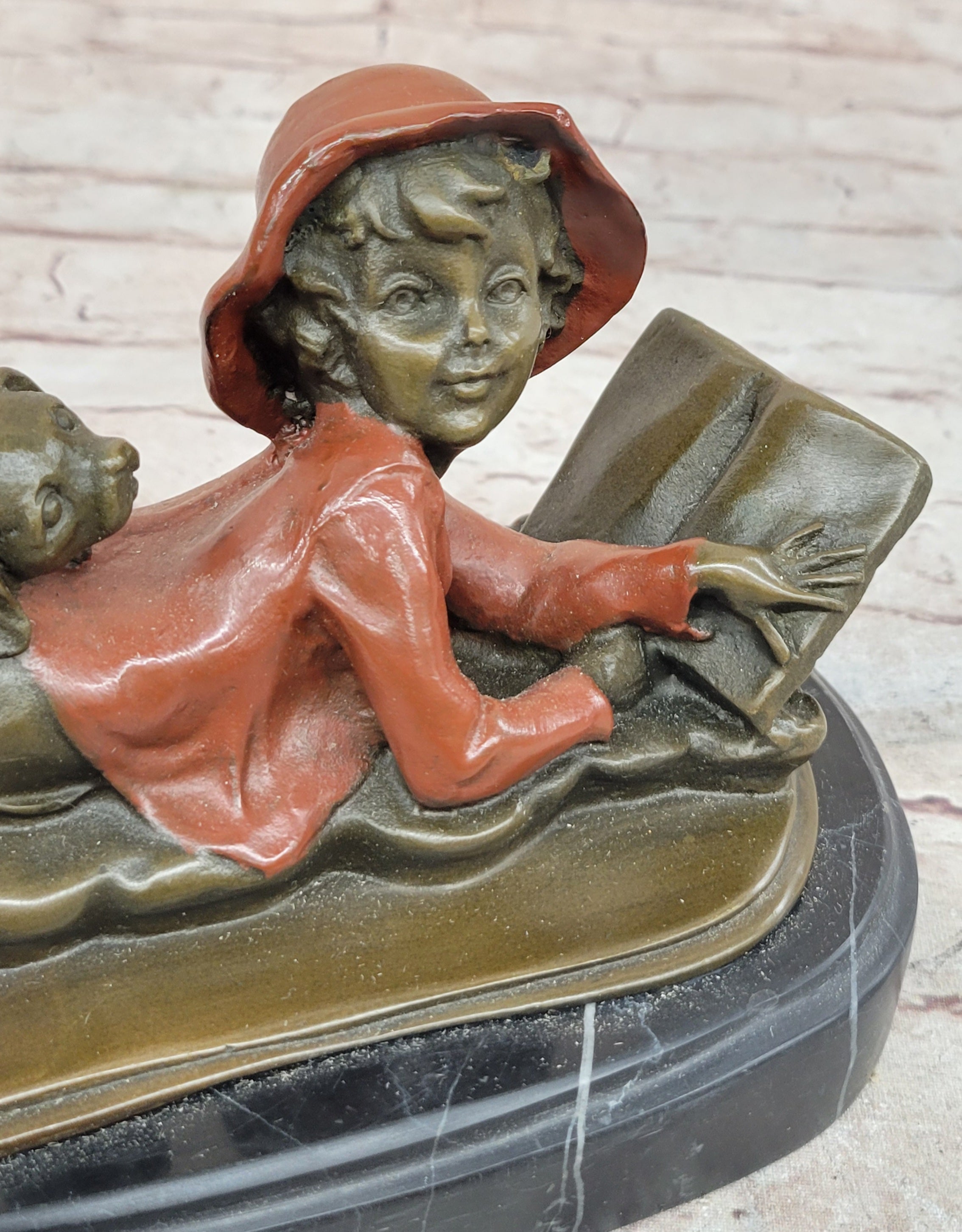 Vintage Bronze Statue Figure Sculpture Girl Reading Book Marble Base Artwork Gift