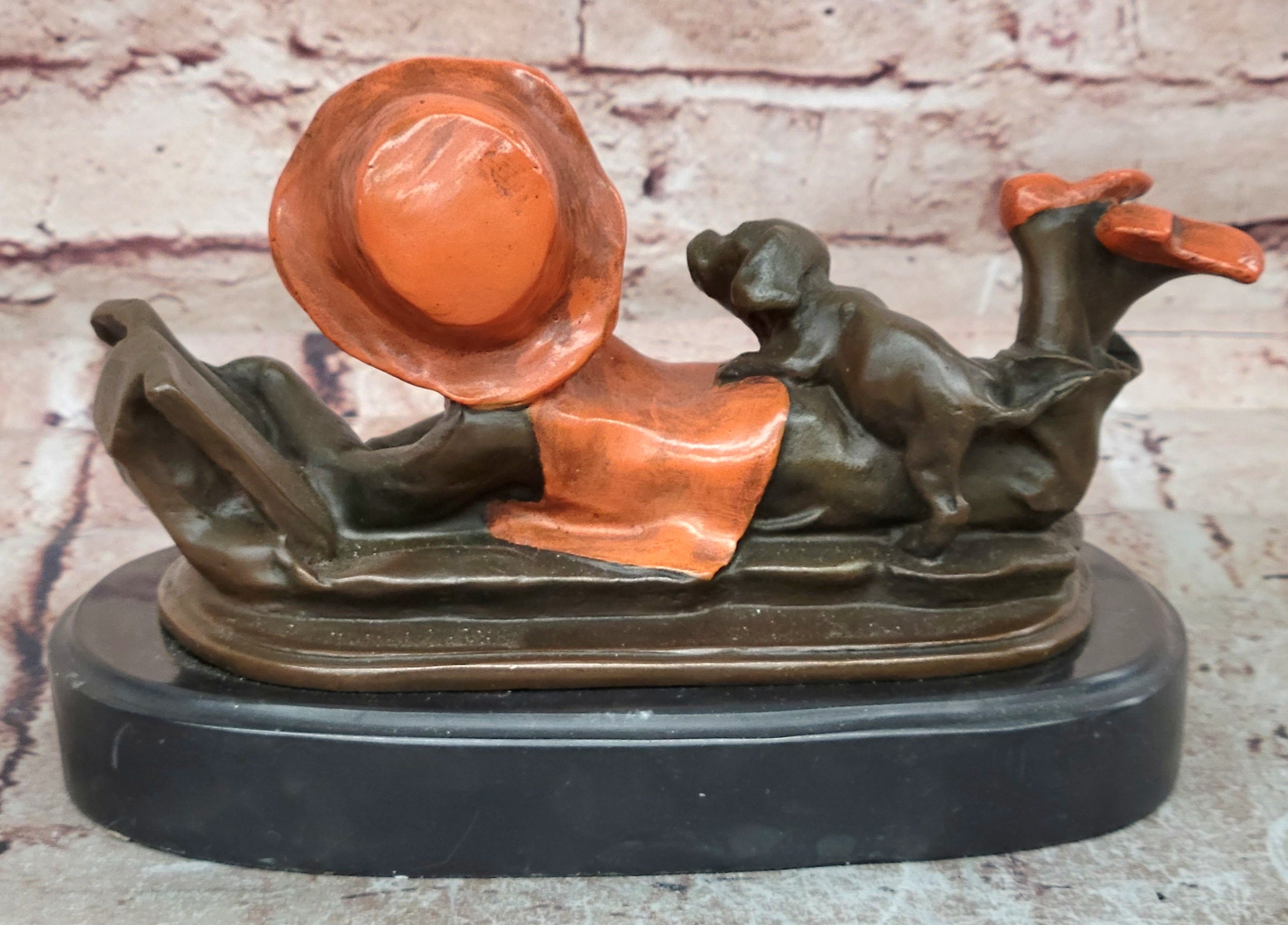 Vintage Bronze Statue Figure Sculpture Girl Reading Book Marble Base Artwork Gift