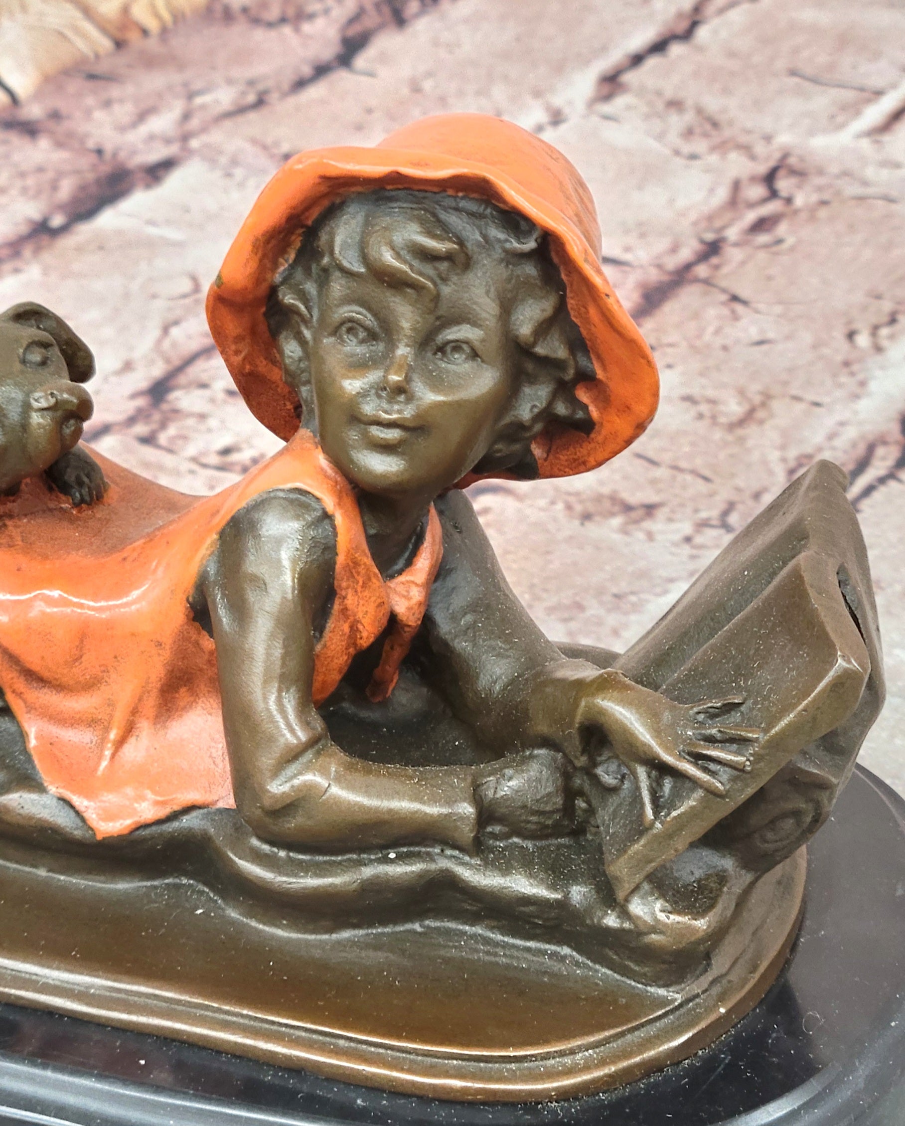 Vintage Bronze Statue Figure Sculpture Girl Reading Book Marble Base Artwork Gift