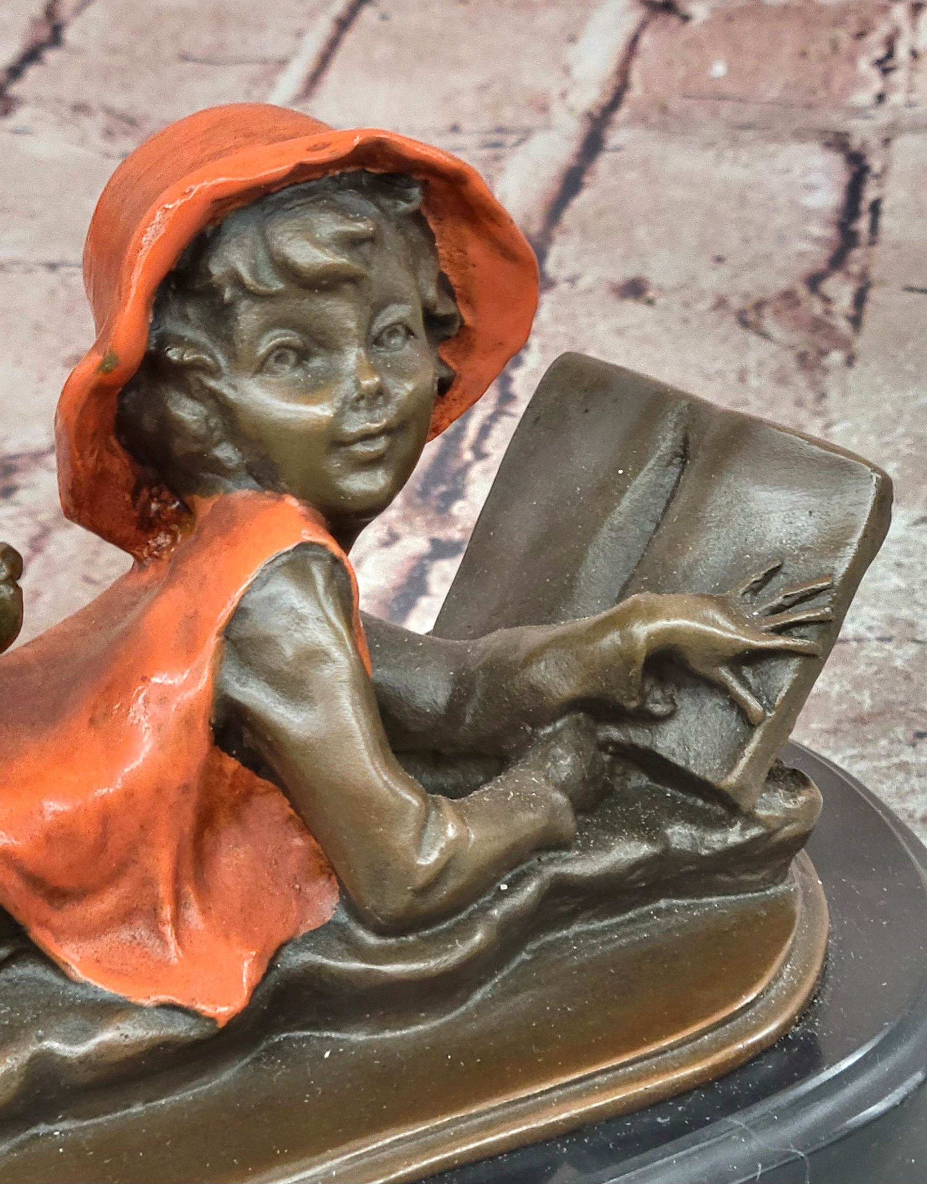Vintage Bronze Statue Figure Sculpture Girl Reading Book Marble Base Artwork Gift