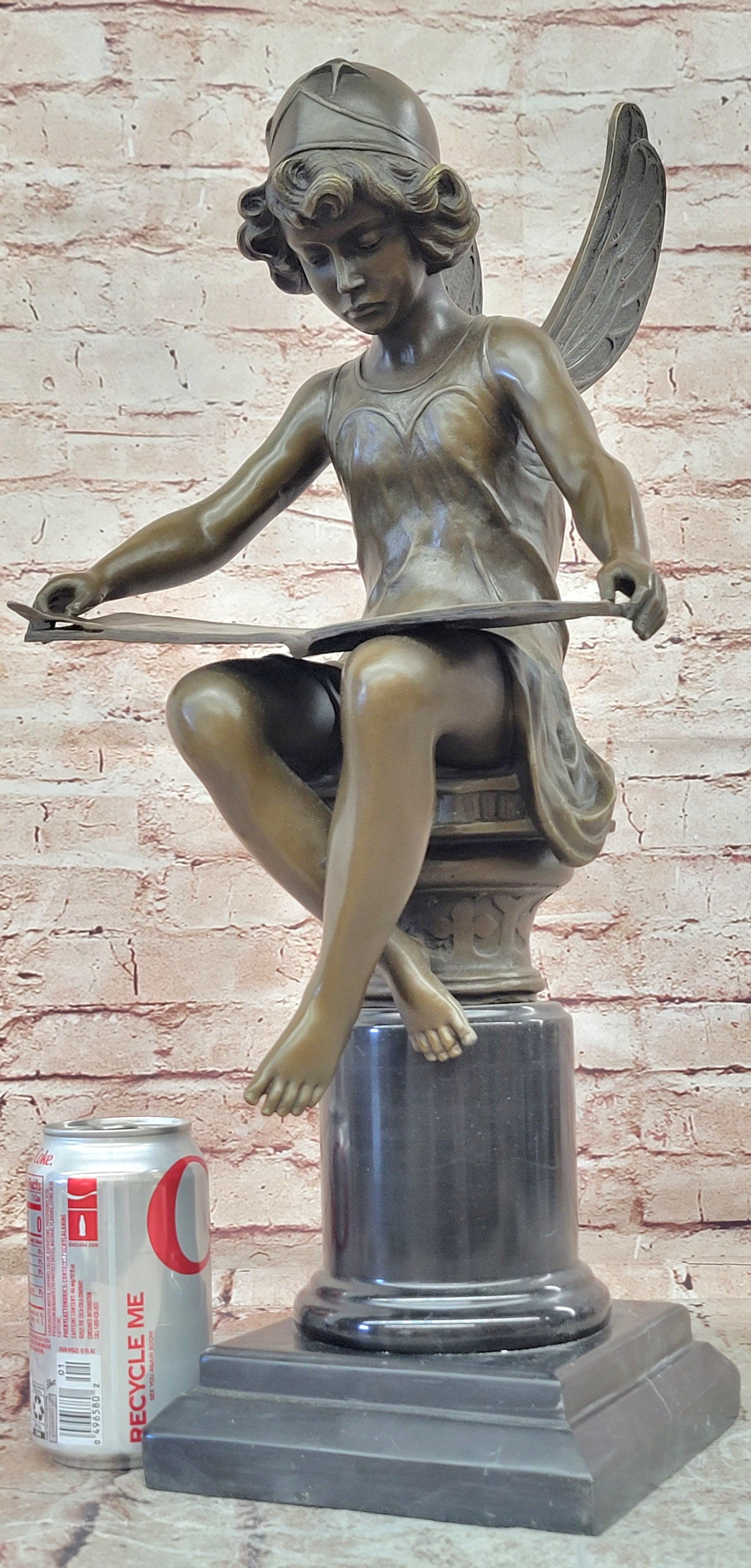 Bronze Reading Angel Statue Signed Moreau Mythical Seated Sculpture Art