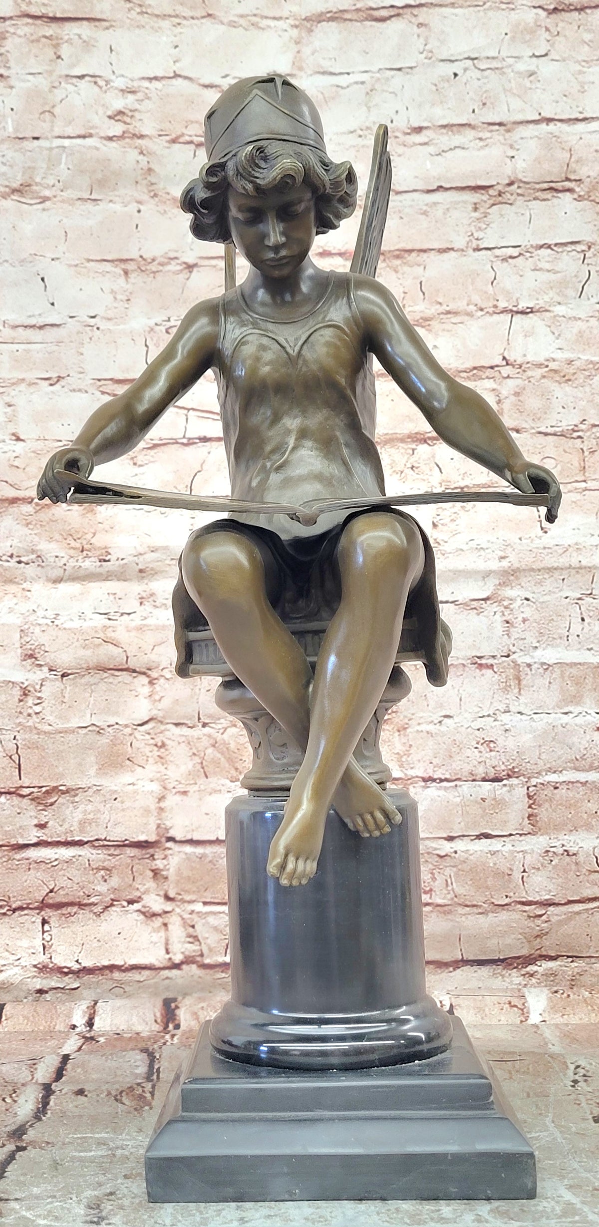 Bronze Reading Angel Statue Signed Moreau Mythical Seated Sculpture Art