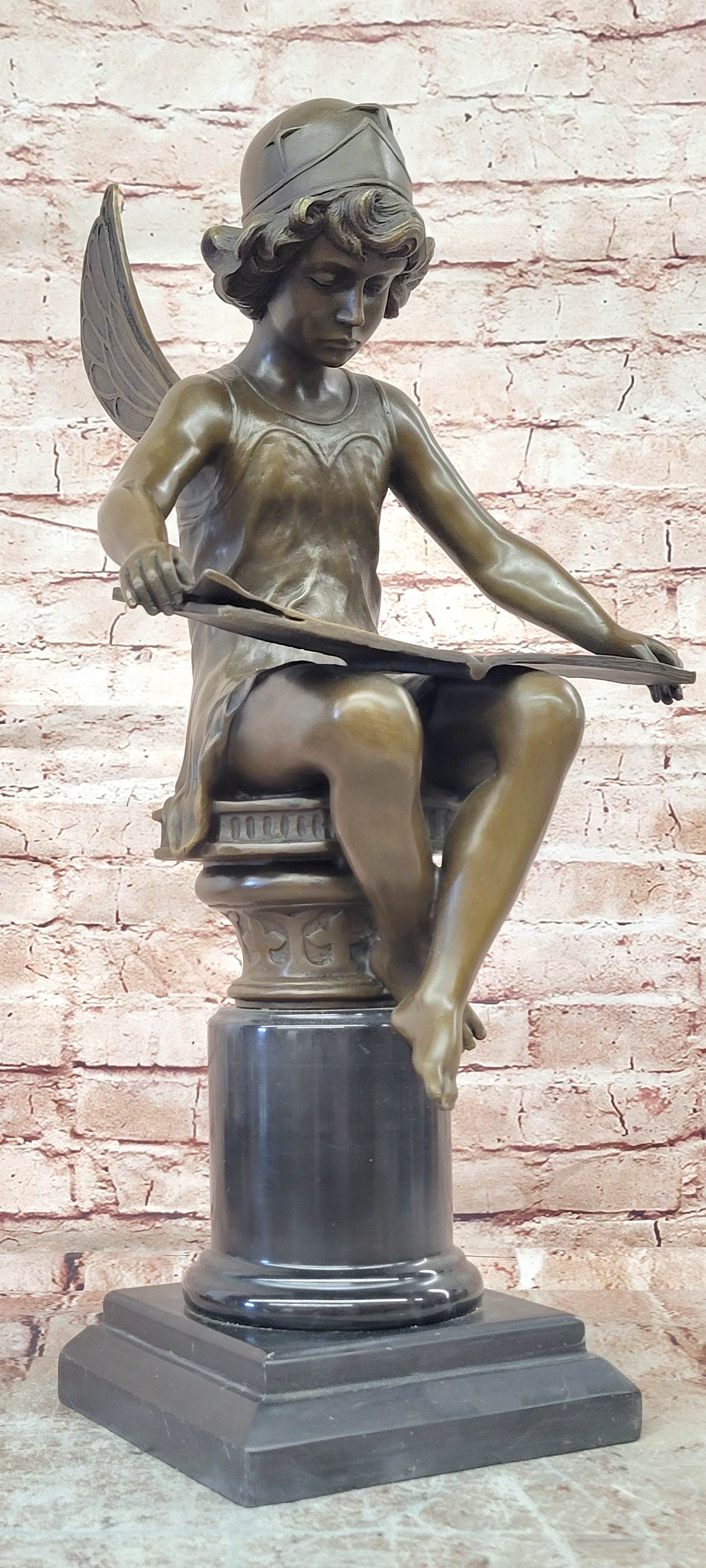 Bronze Reading Angel Statue Signed Moreau Mythical Seated Sculpture Art