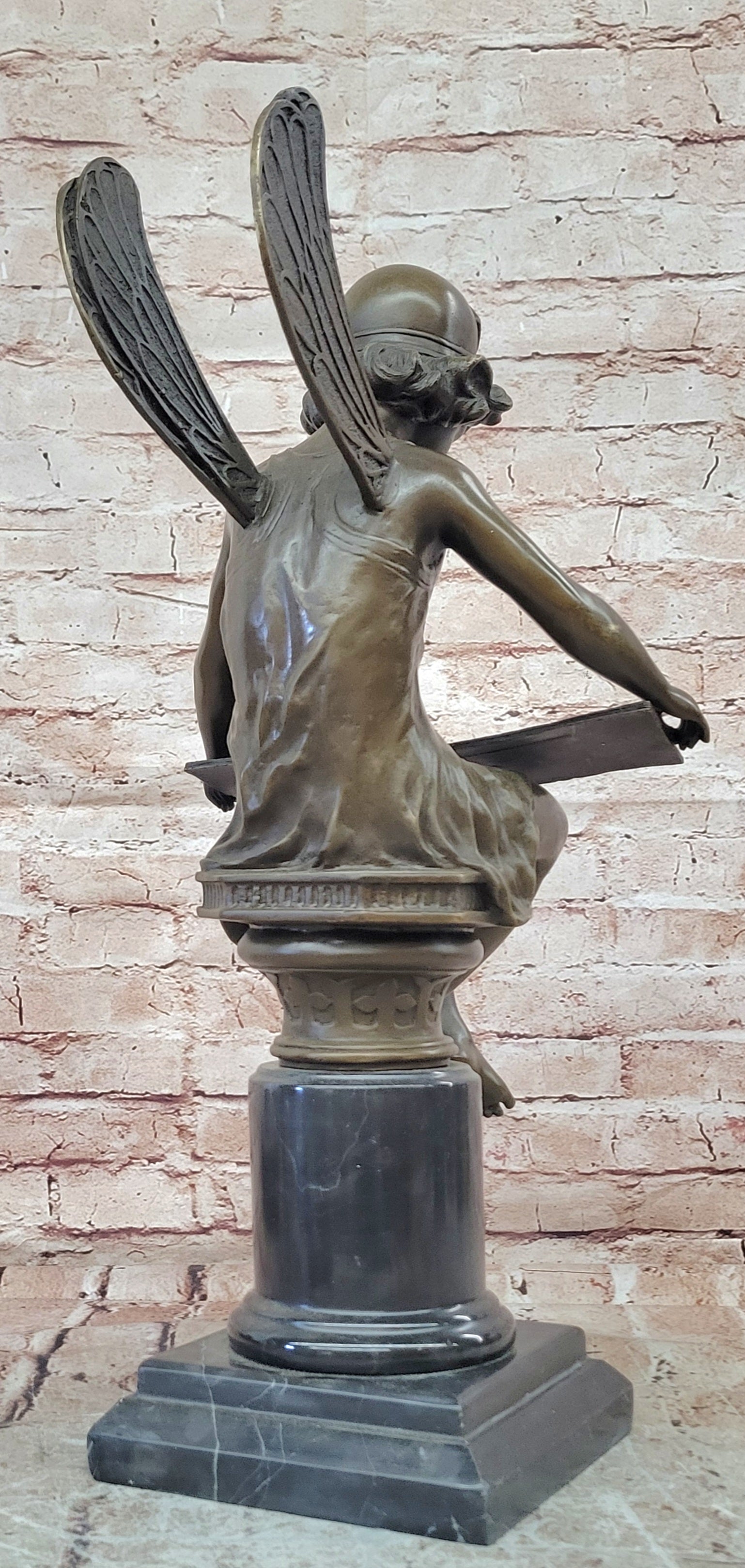 Bronze Reading Angel Statue Signed Moreau Mythical Seated Sculpture Art