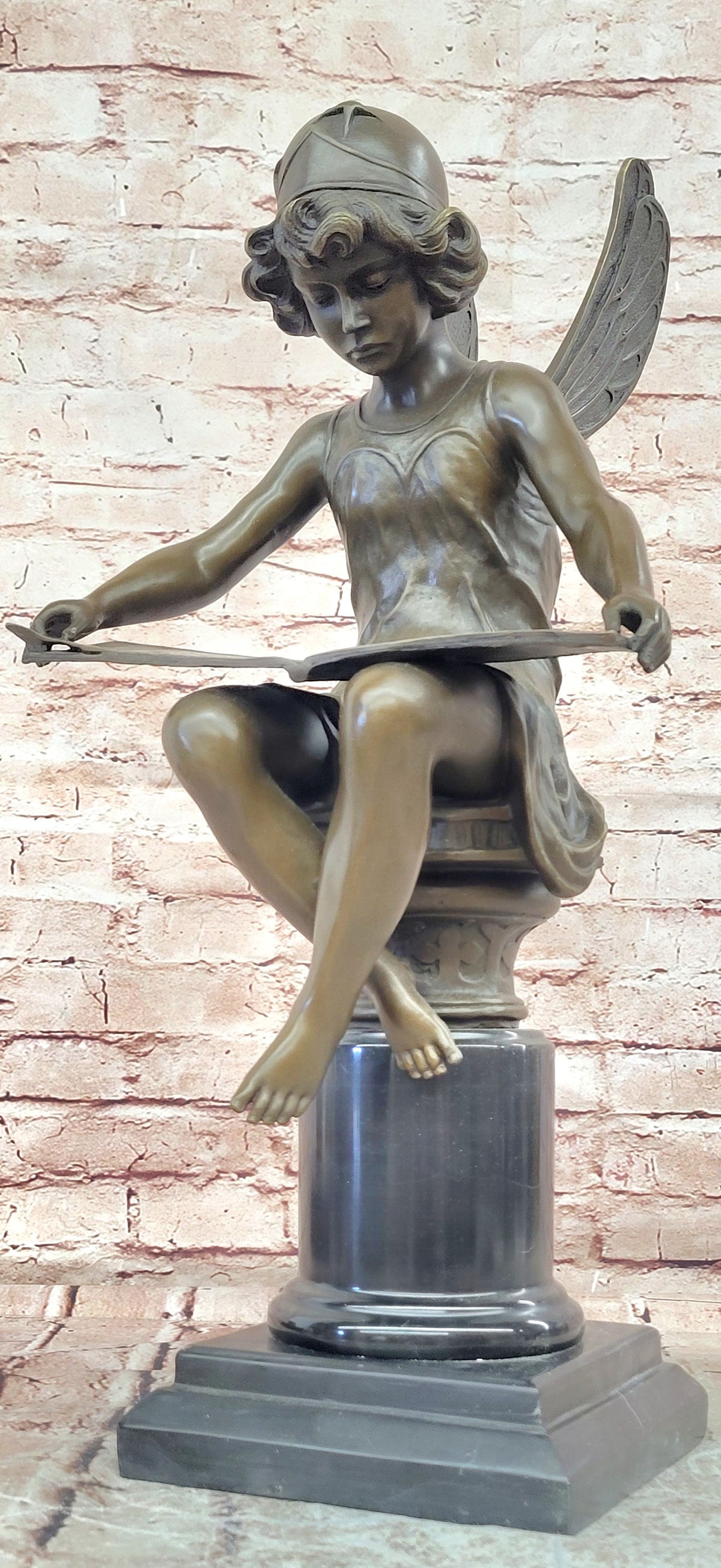 Bronze Reading Angel Statue Signed Moreau Mythical Seated Sculpture Art