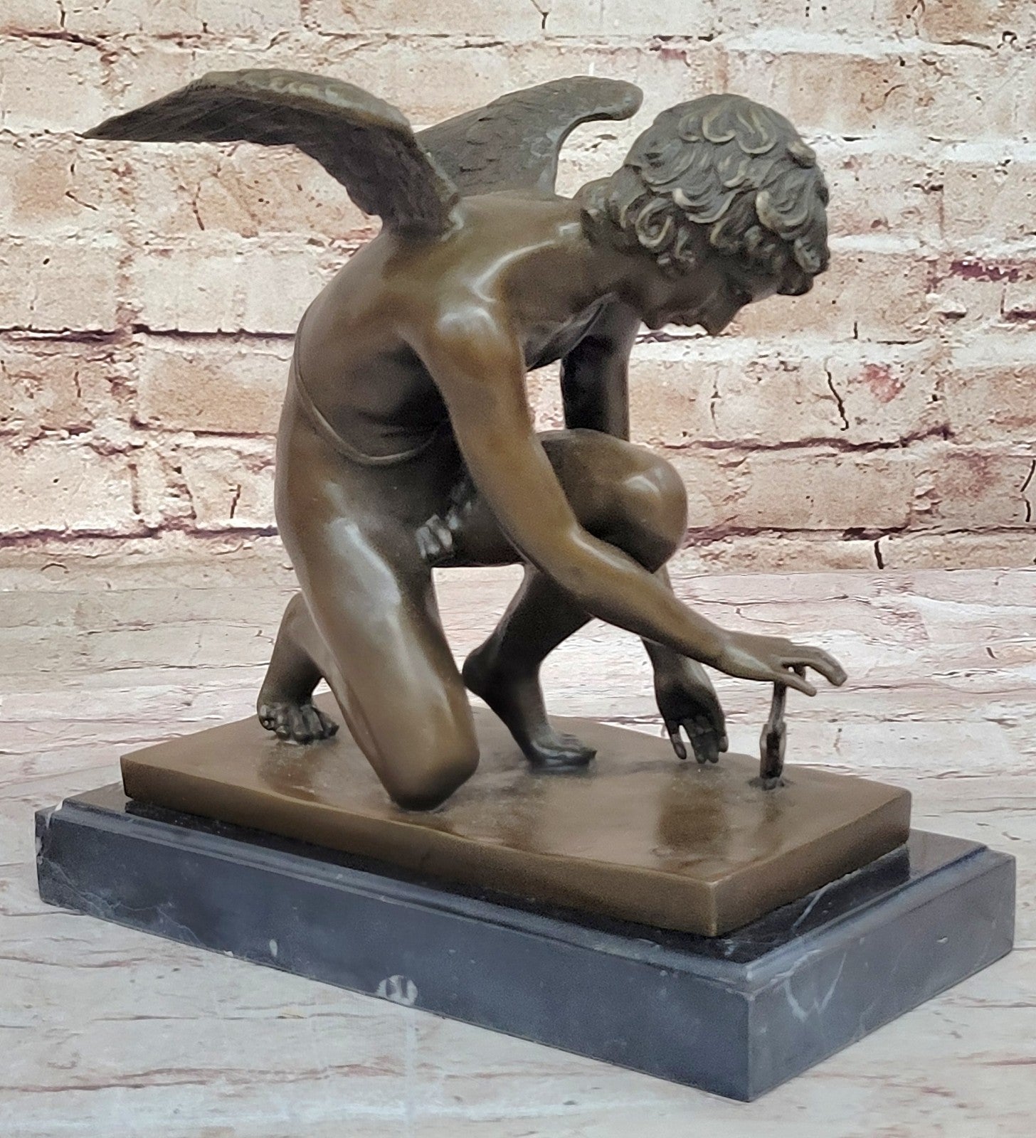NUDE MALE GUARDIAN ANGEL Winged Sculpture Statue Antique 100% Real Bronze