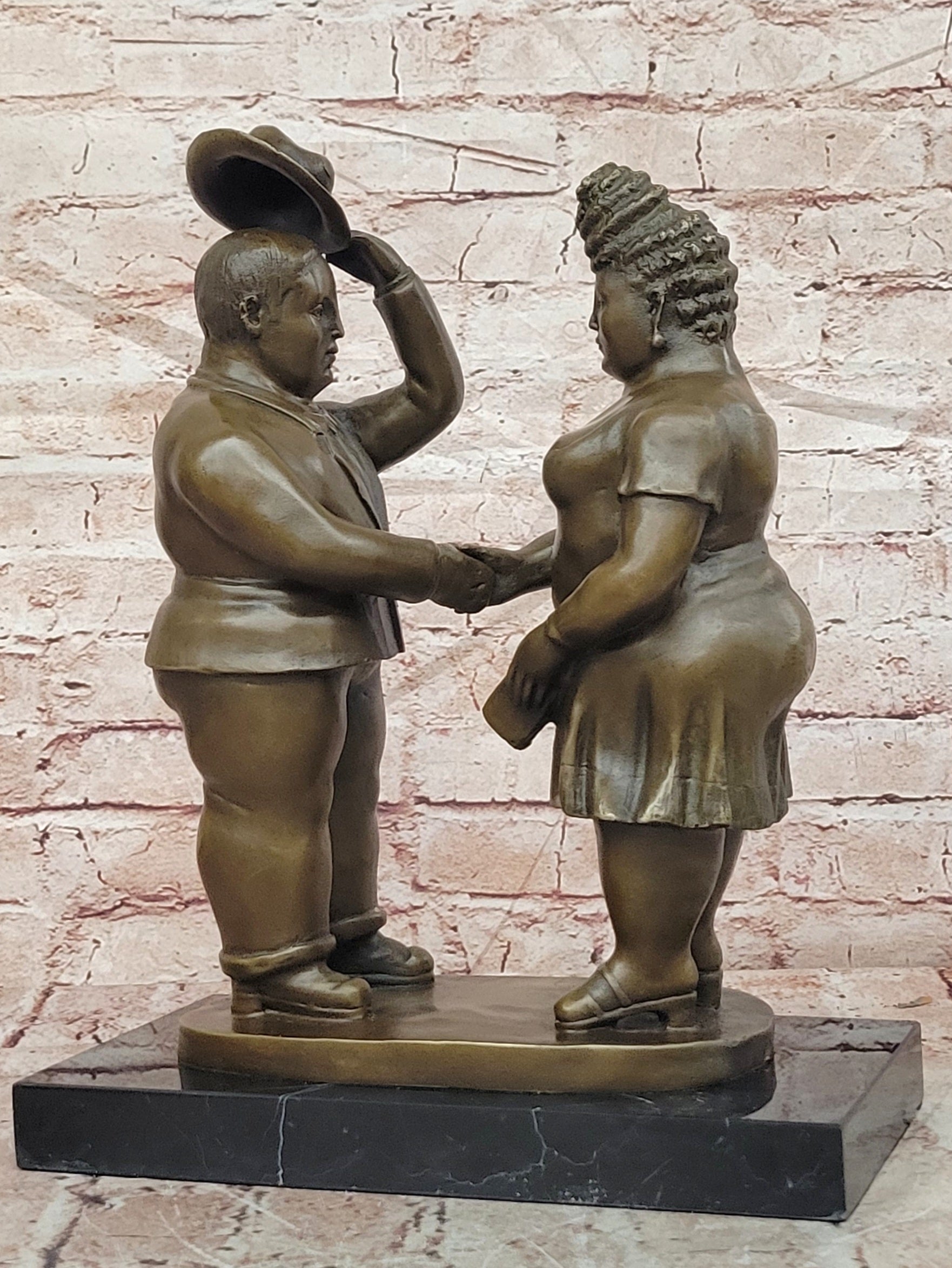 Abstract Modern Art English Man and Woman Bronze Sculpture Signed Botero Figure